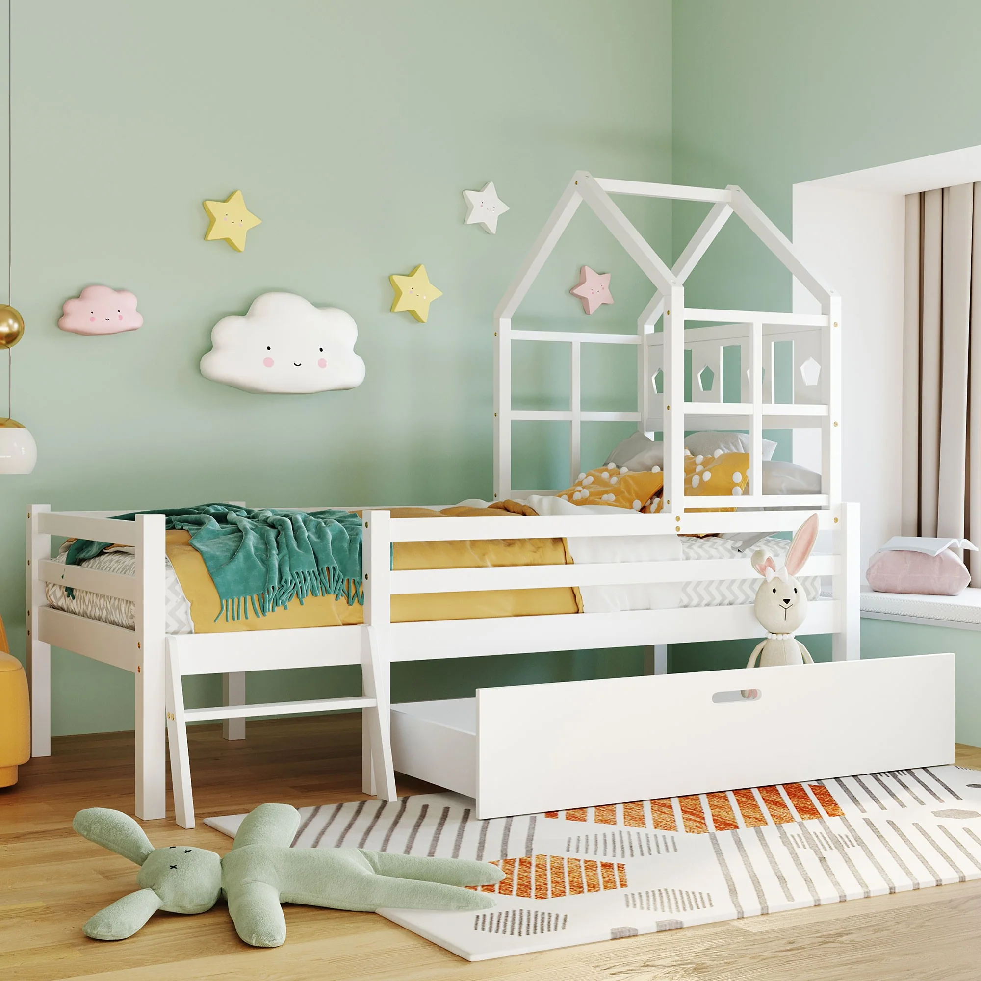 House Bed Children's, Ladder, Drawers, Loft Bed, Fall Protection, Solid Wood, 90x200cm White - Image 9