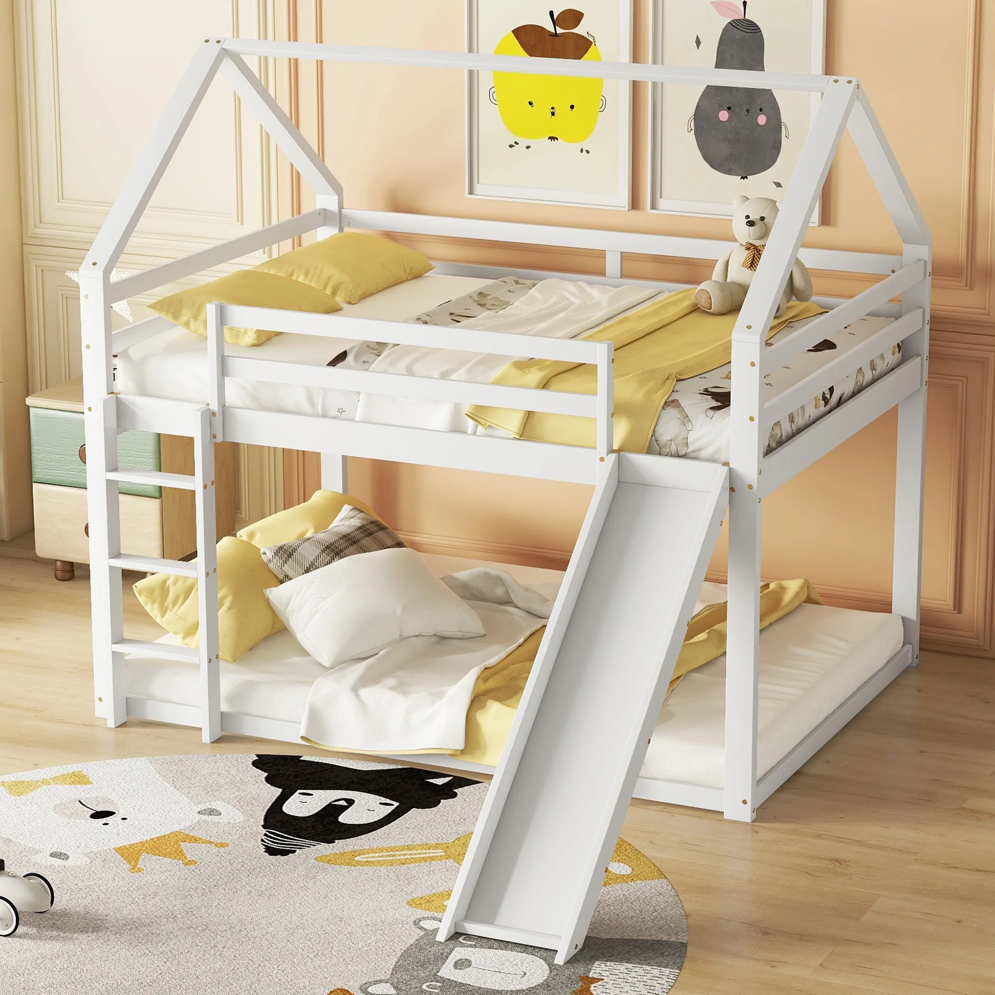 House Bunk Bed 140x200cm Double with Slide & Ladder - White - Image 3