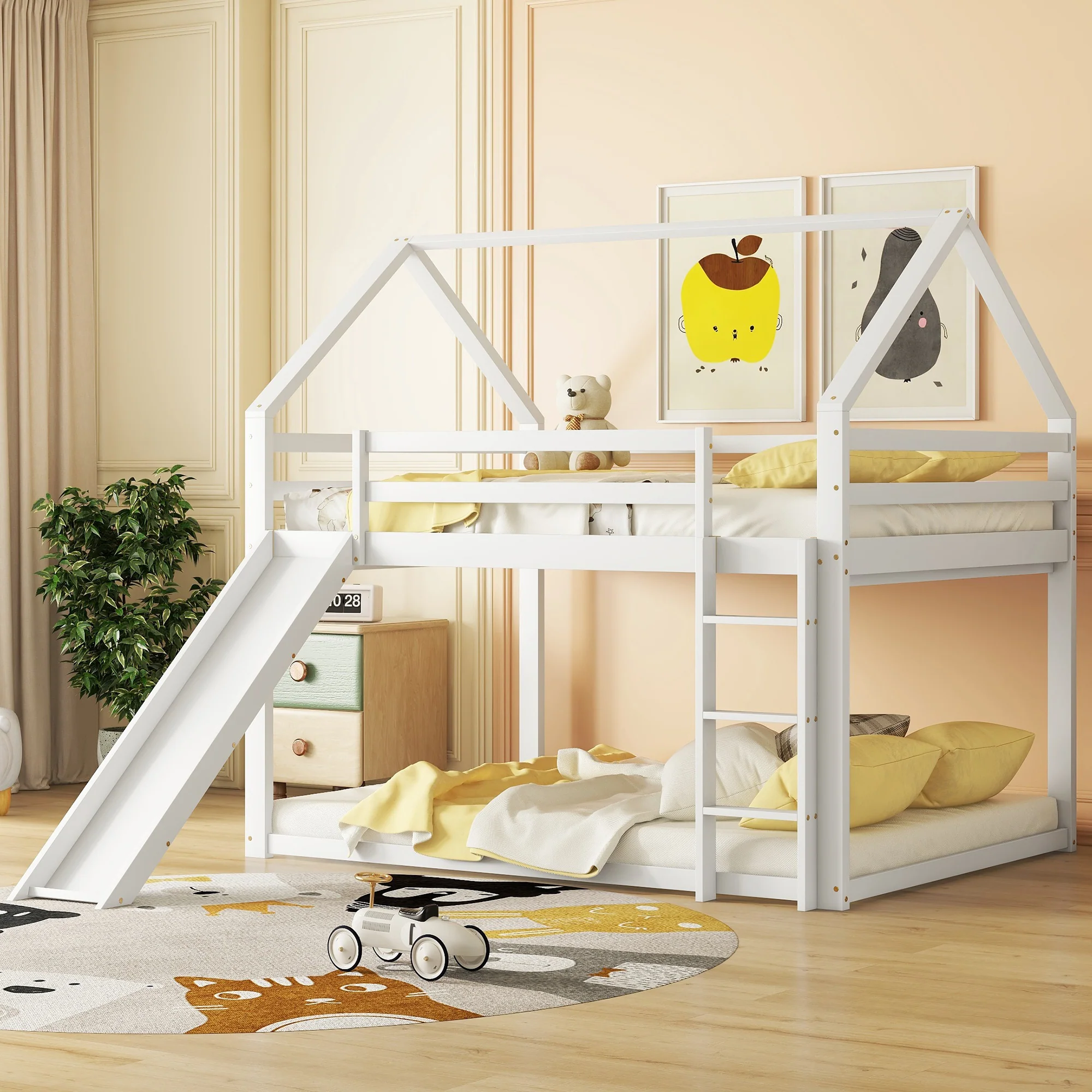 House Bunk Bed 140x200cm Double with Slide & Ladder - White - Image 4