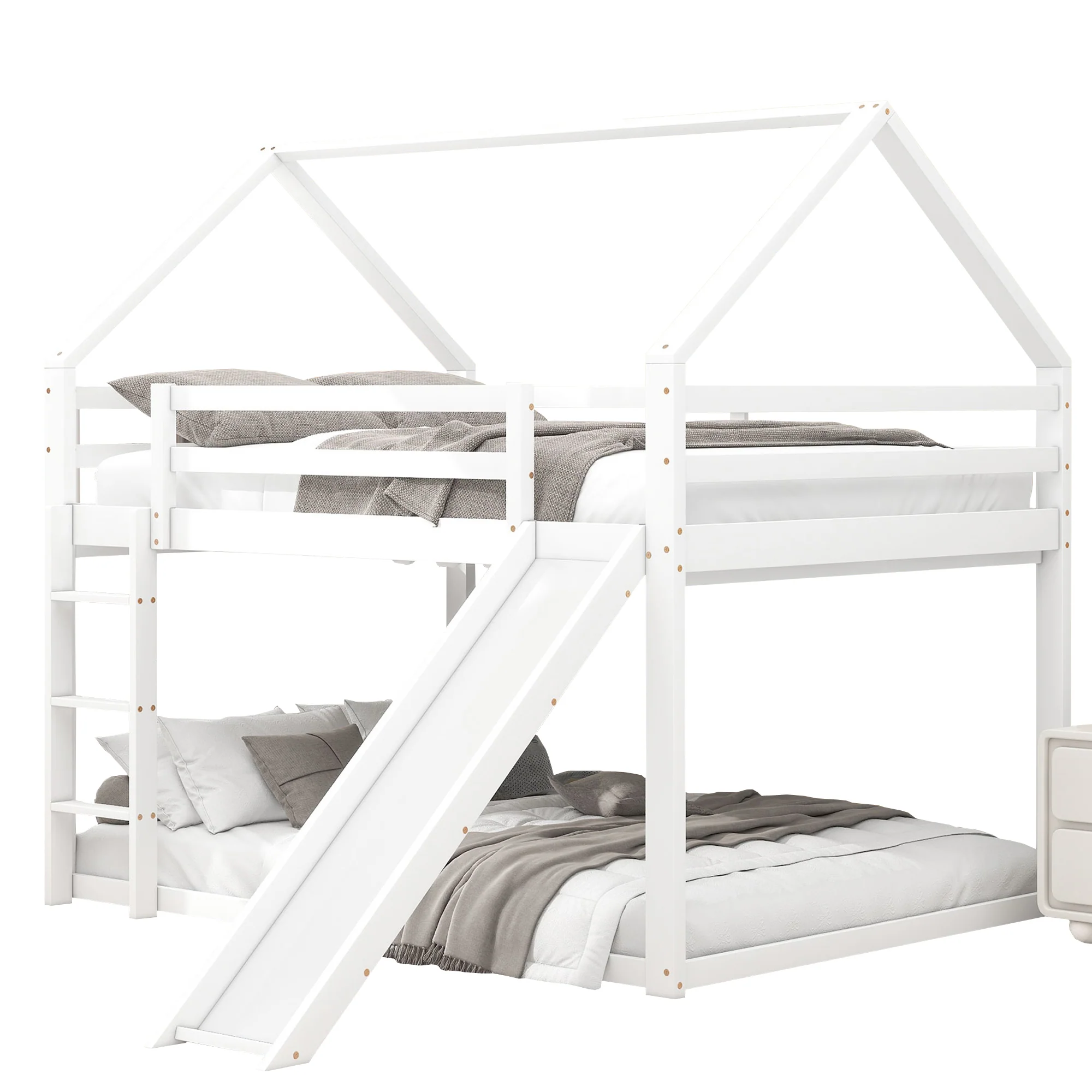 House Bunk Bed 140x200cm Double with Slide & Ladder - White - Image 5