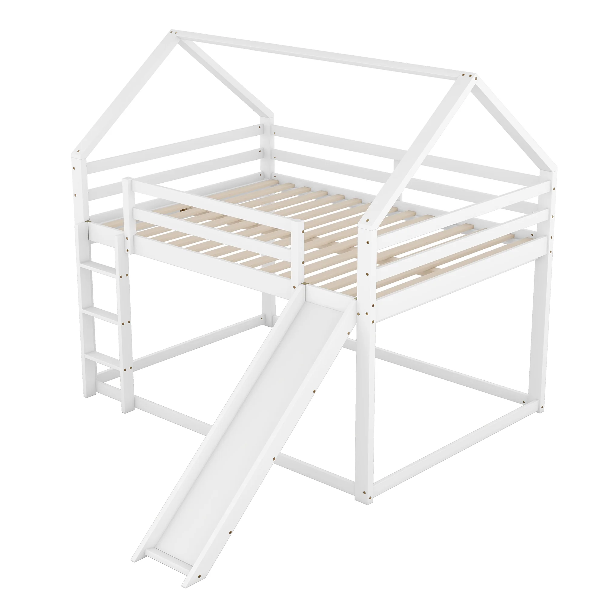 House Bunk Bed 140x200cm Double with Slide & Ladder - White - Image 9