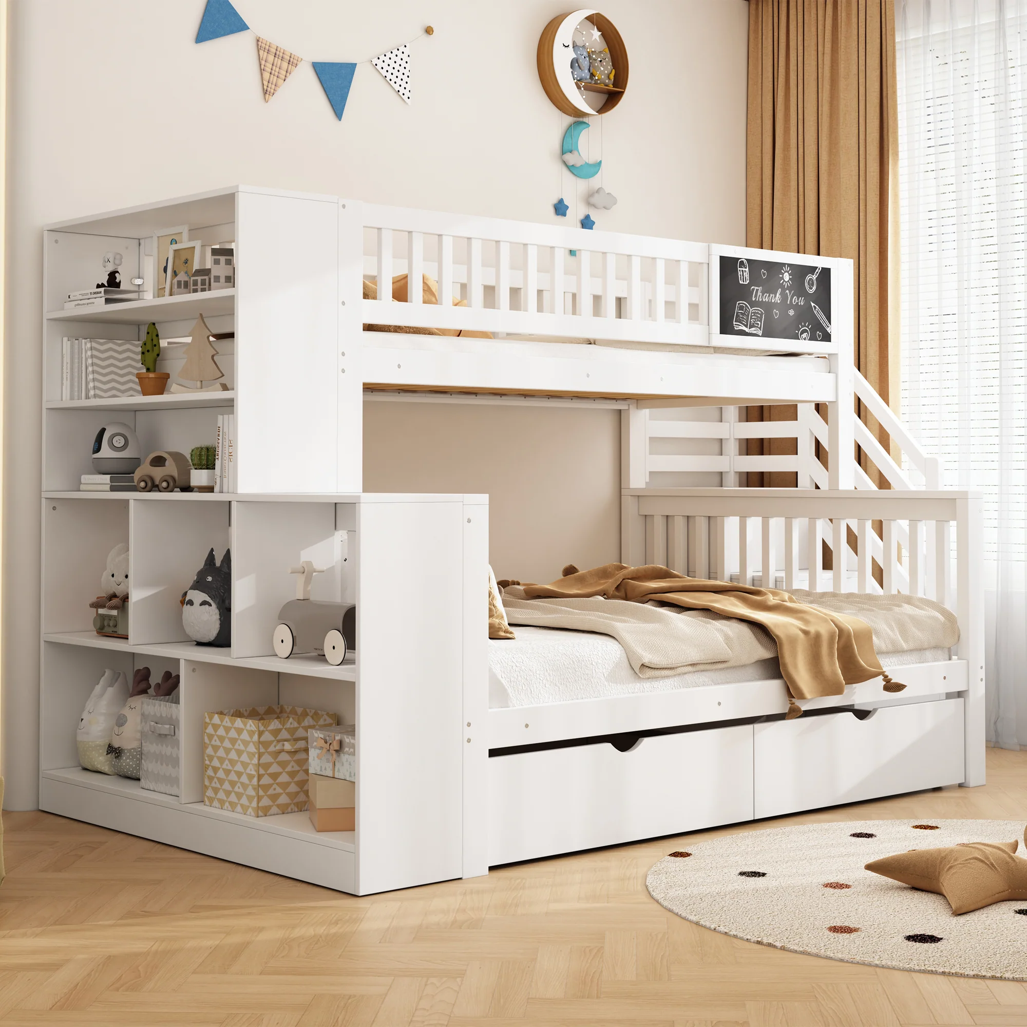 House Bunk Bed Multifunctional Graffiti Board Stairs Storage Drawers 140x200 & 90x200 - White