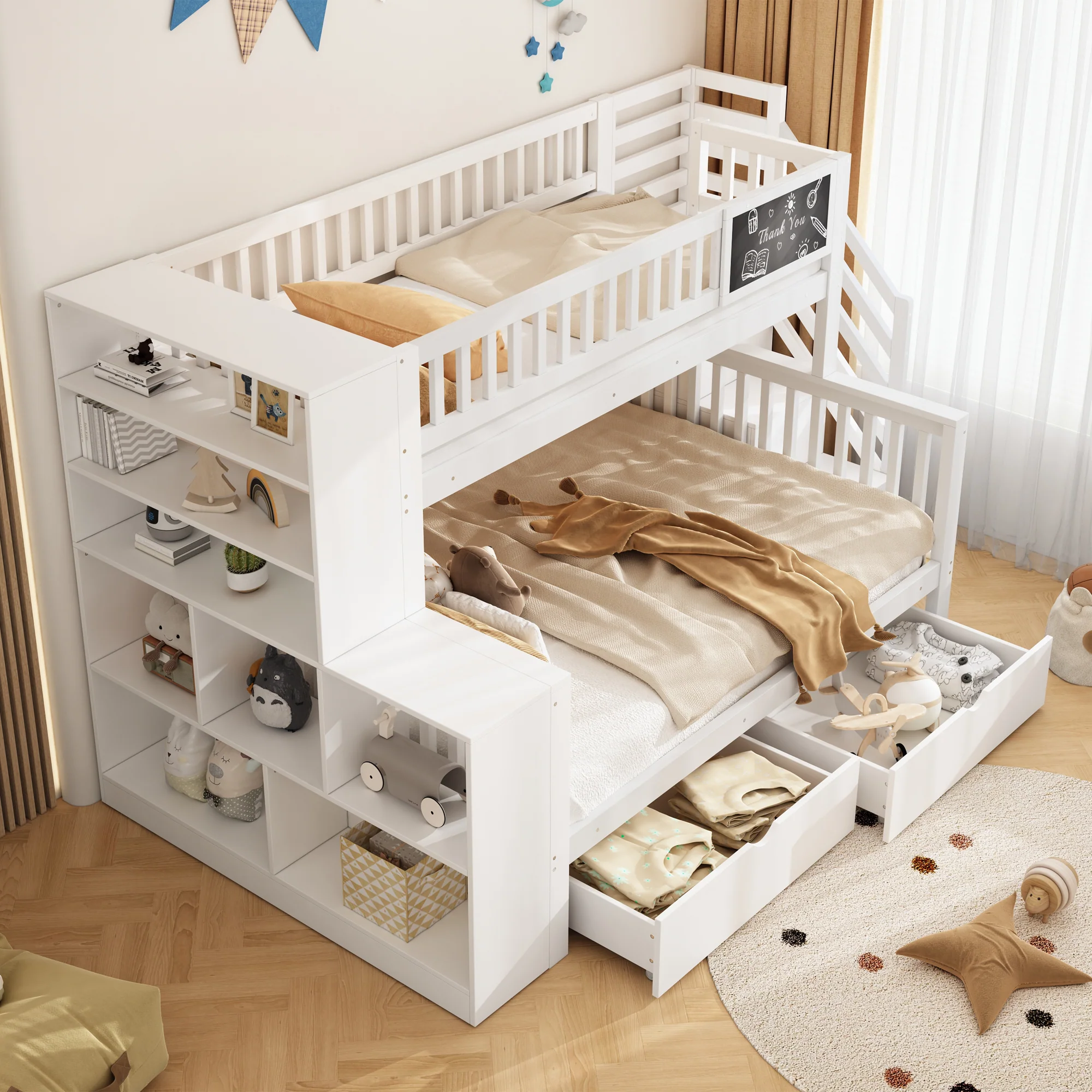 House Bunk Bed Multifunctional Graffiti Board Stairs Storage Drawers 140x200 & 90x200 - White - Image 2