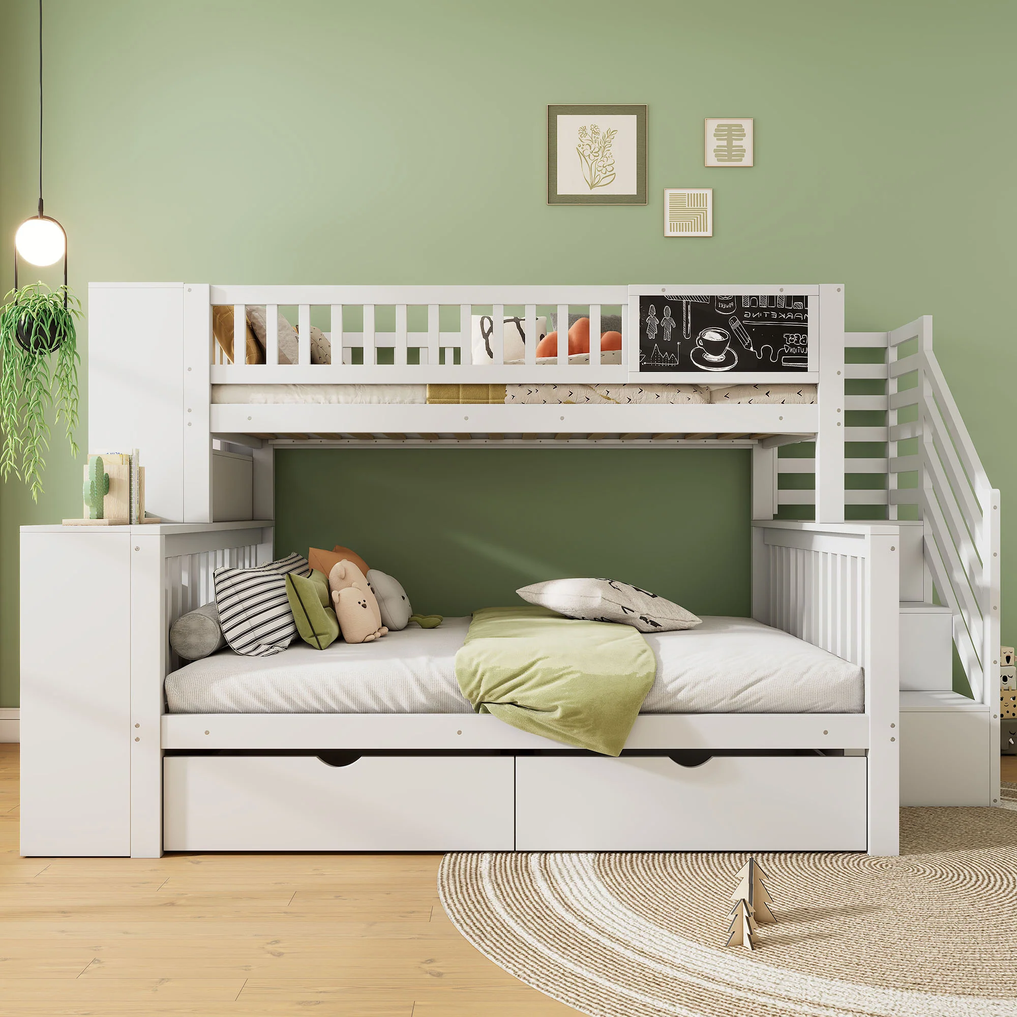 House Bunk Bed Multifunctional Graffiti Board Stairs Storage Drawers 140x200 & 90x200 - White - Image 3