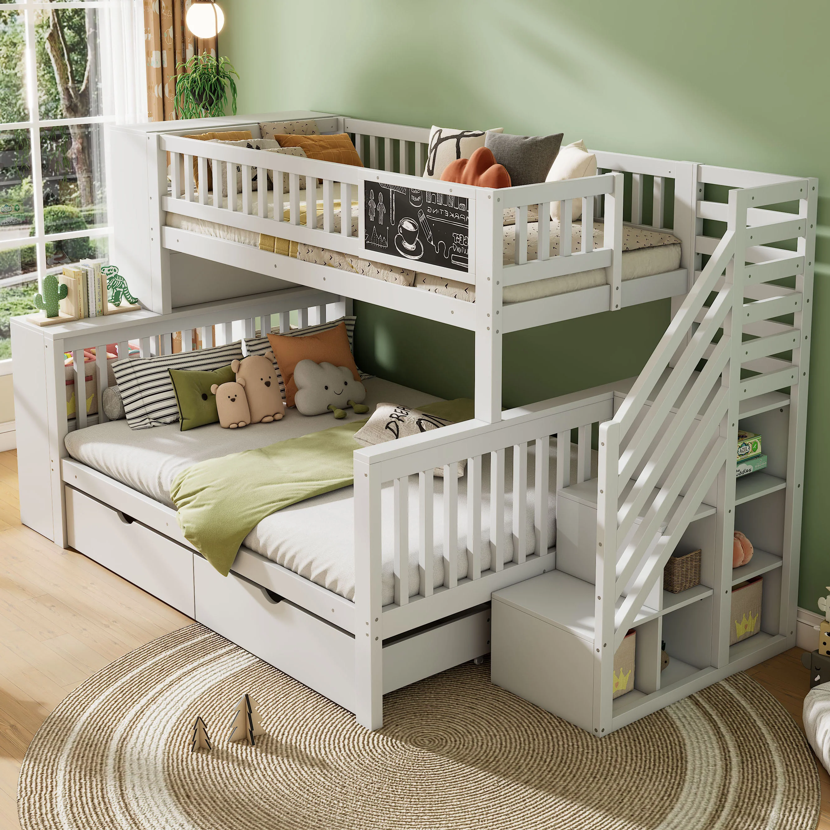 House Bunk Bed Multifunctional Graffiti Board Stairs Storage Drawers 140x200 & 90x200 - White - Image 4