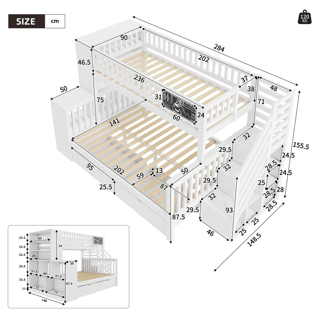 House Bunk Bed Multifunctional Graffiti Board Stairs Storage Drawers 140x200 & 90x200 - White - Image 5