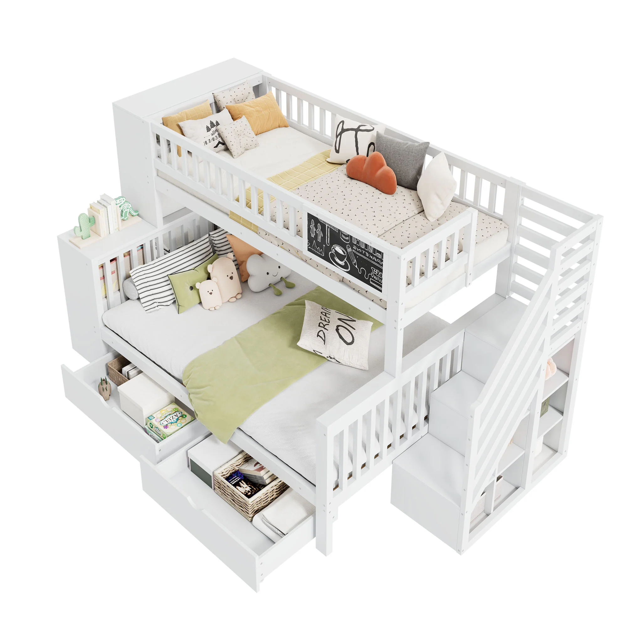 House Bunk Bed Multifunctional Graffiti Board Stairs Storage Drawers 140x200 & 90x200 - White - Image 6