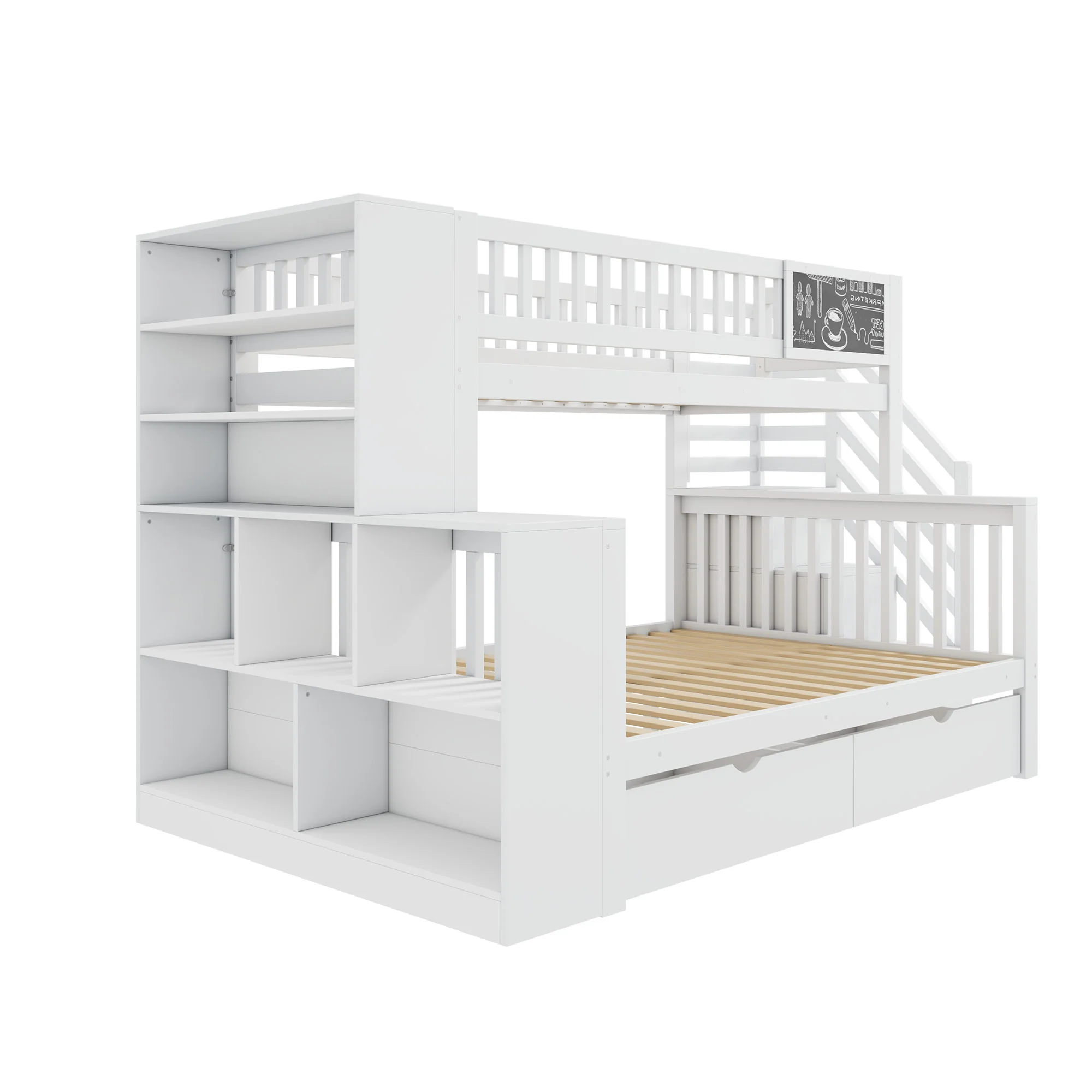 House Bunk Bed Multifunctional Graffiti Board Stairs Storage Drawers 140x200 & 90x200 - White - Image 7