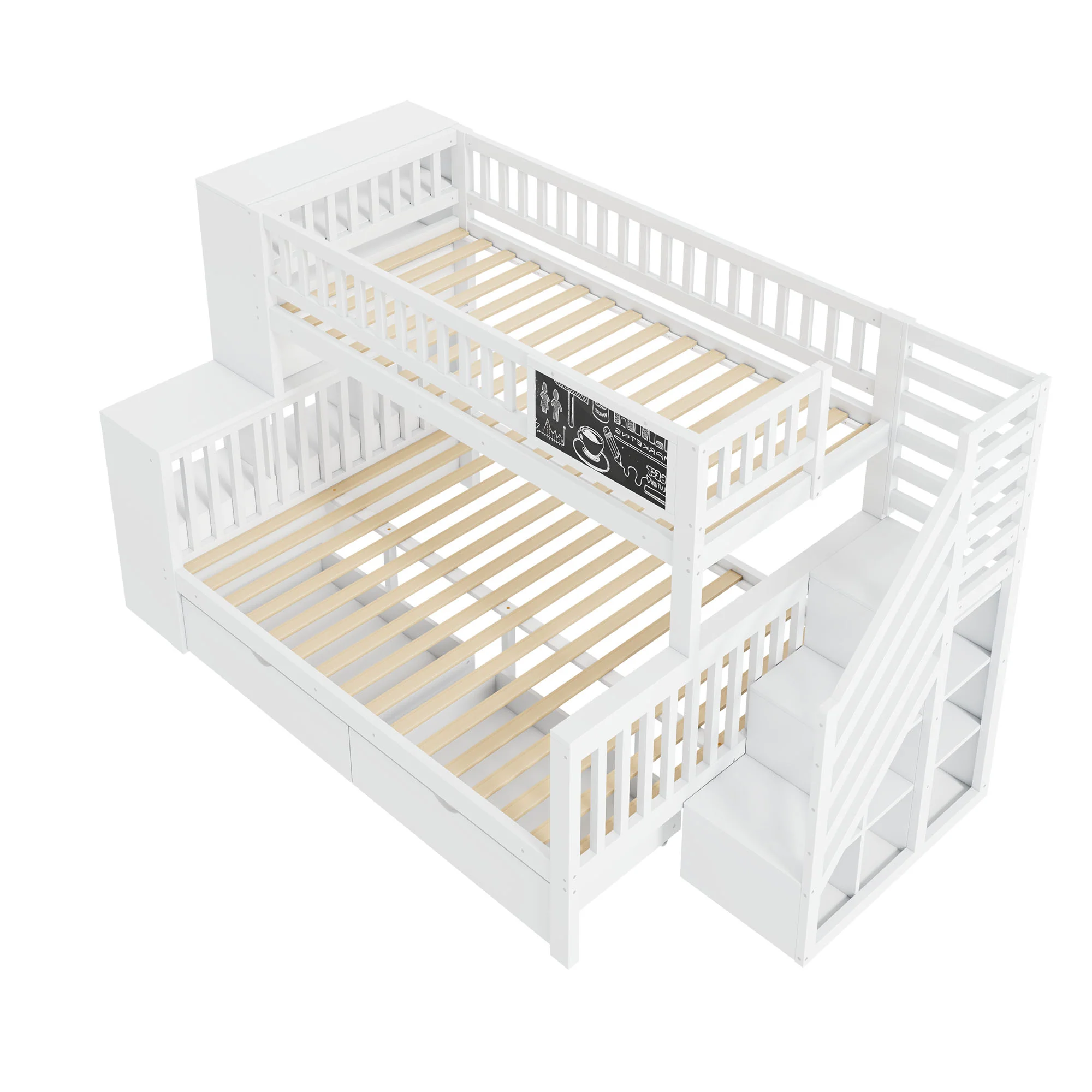 House Bunk Bed Multifunctional Graffiti Board Stairs Storage Drawers 140x200 & 90x200 - White - Image 8
