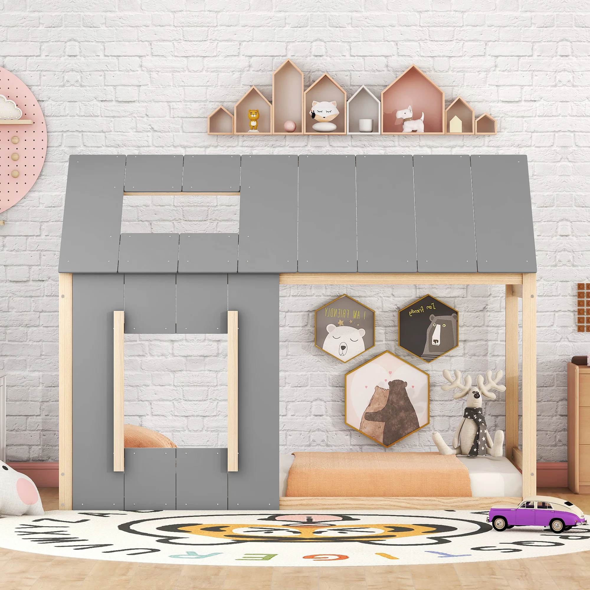 House Children's Bed 90x200cm with Roof and Window - Natural/Grey - Image 2