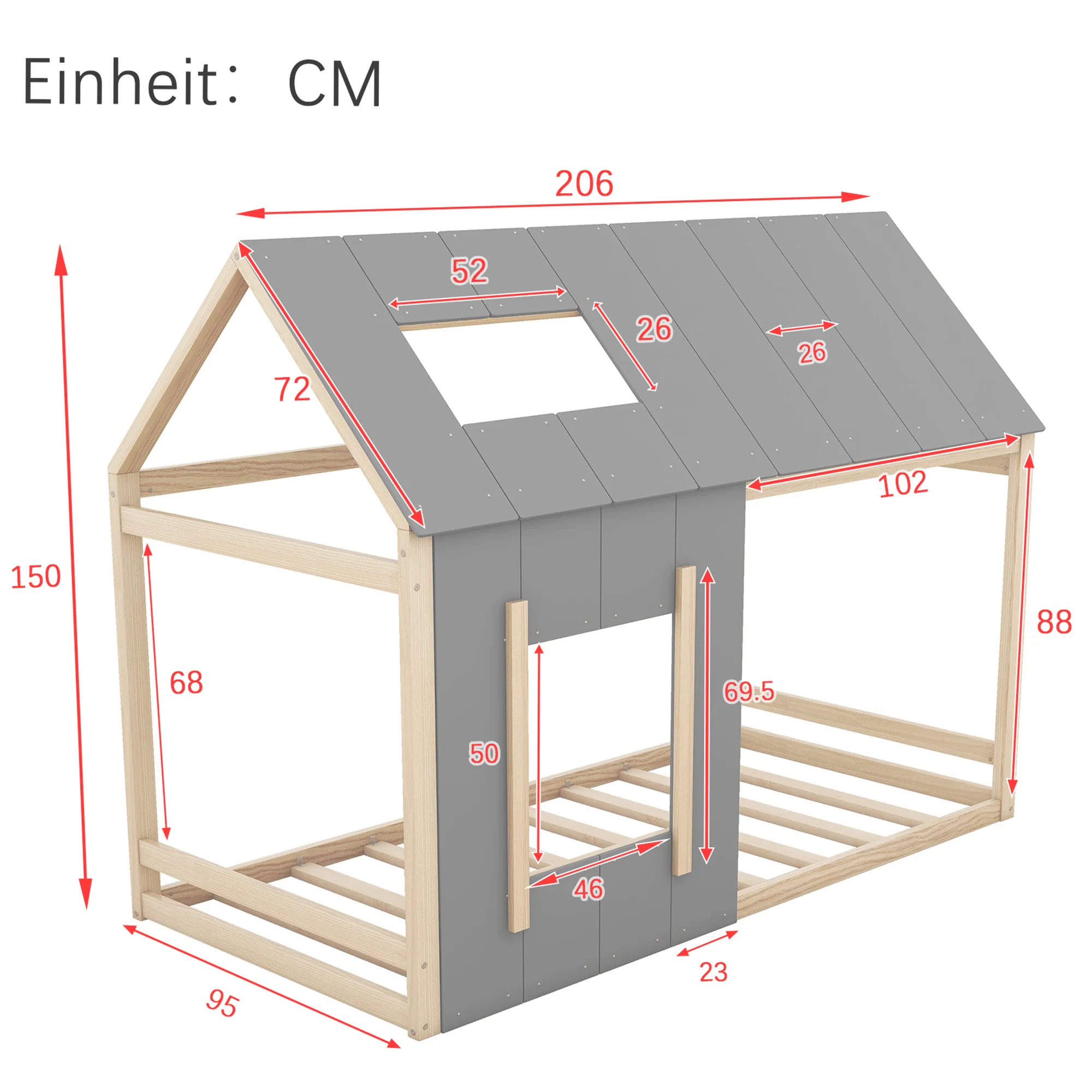 House Children's Bed 90x200cm with Roof and Window - Natural/Grey - Image 5
