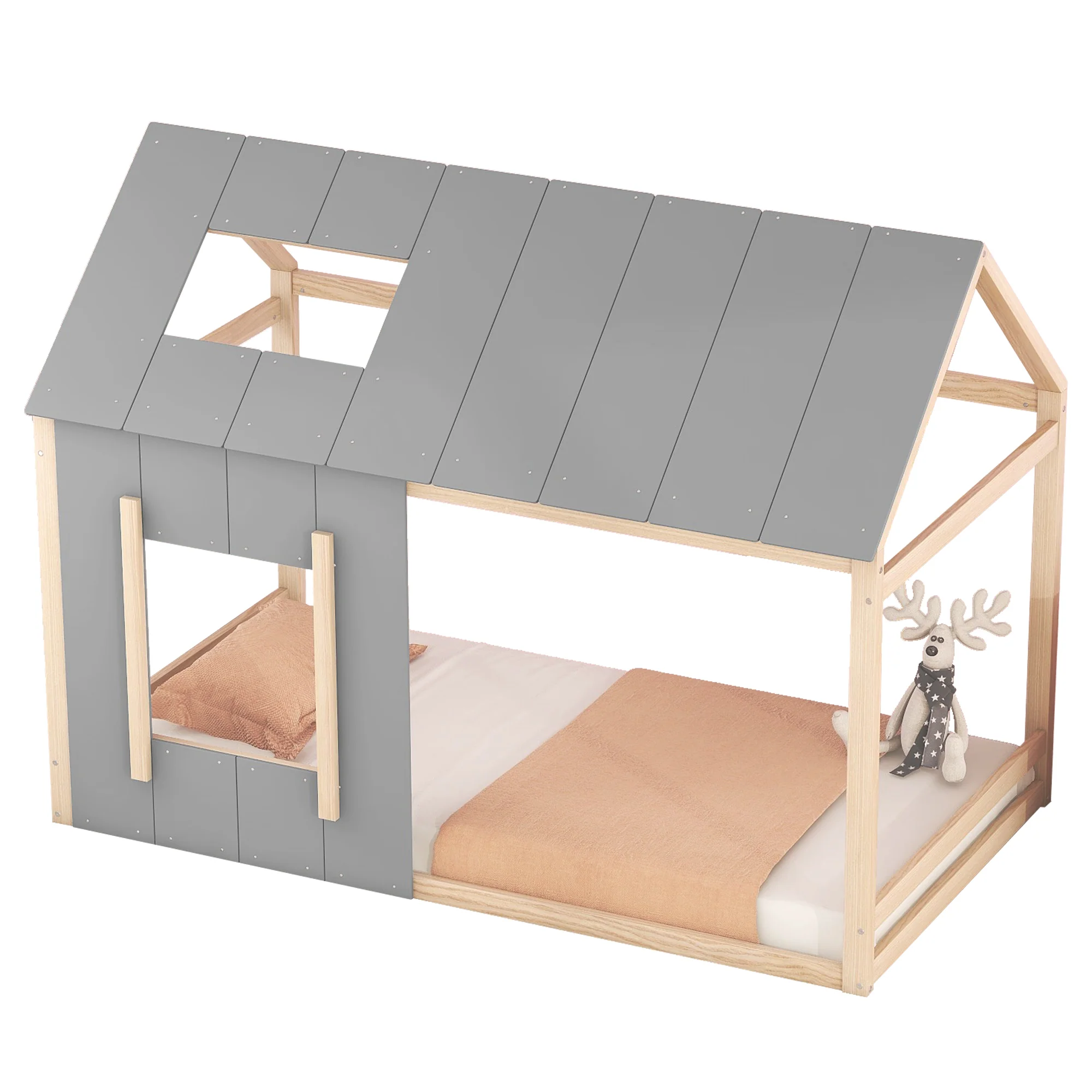 House Children's Bed 90x200cm with Roof and Window - Natural/Grey - Image 6