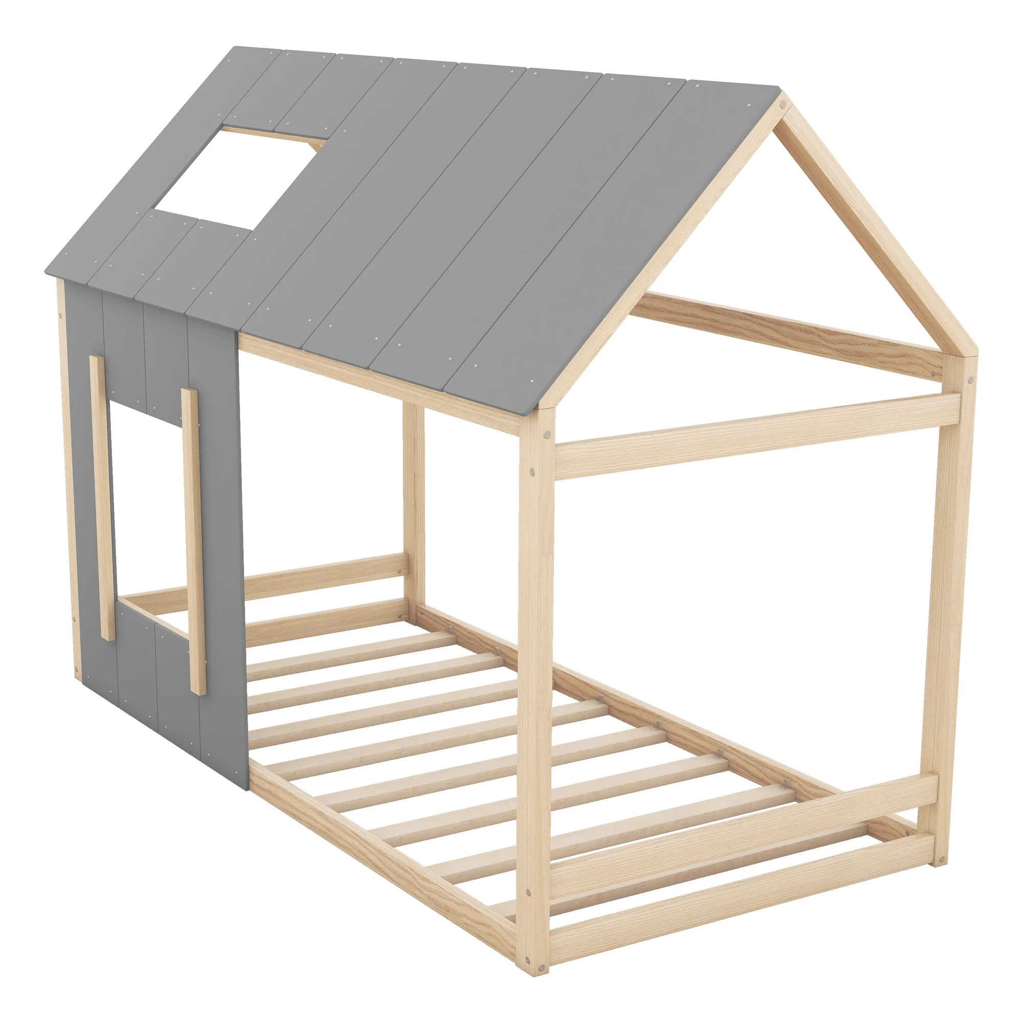 House Children's Bed 90x200cm with Roof and Window - Natural/Grey - Image 7