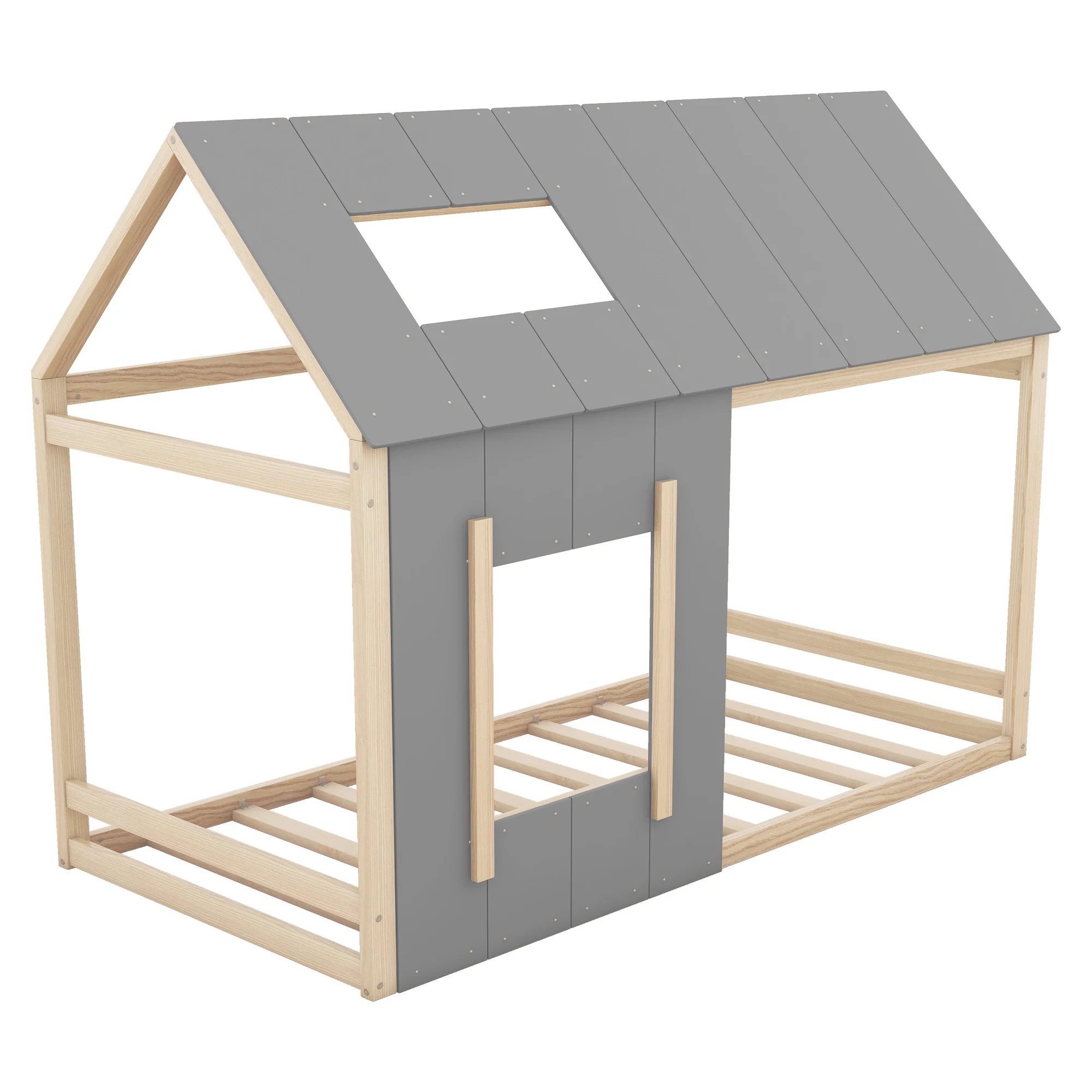 House Children's Bed 90x200cm with Roof and Window - Natural/Grey - Image 8