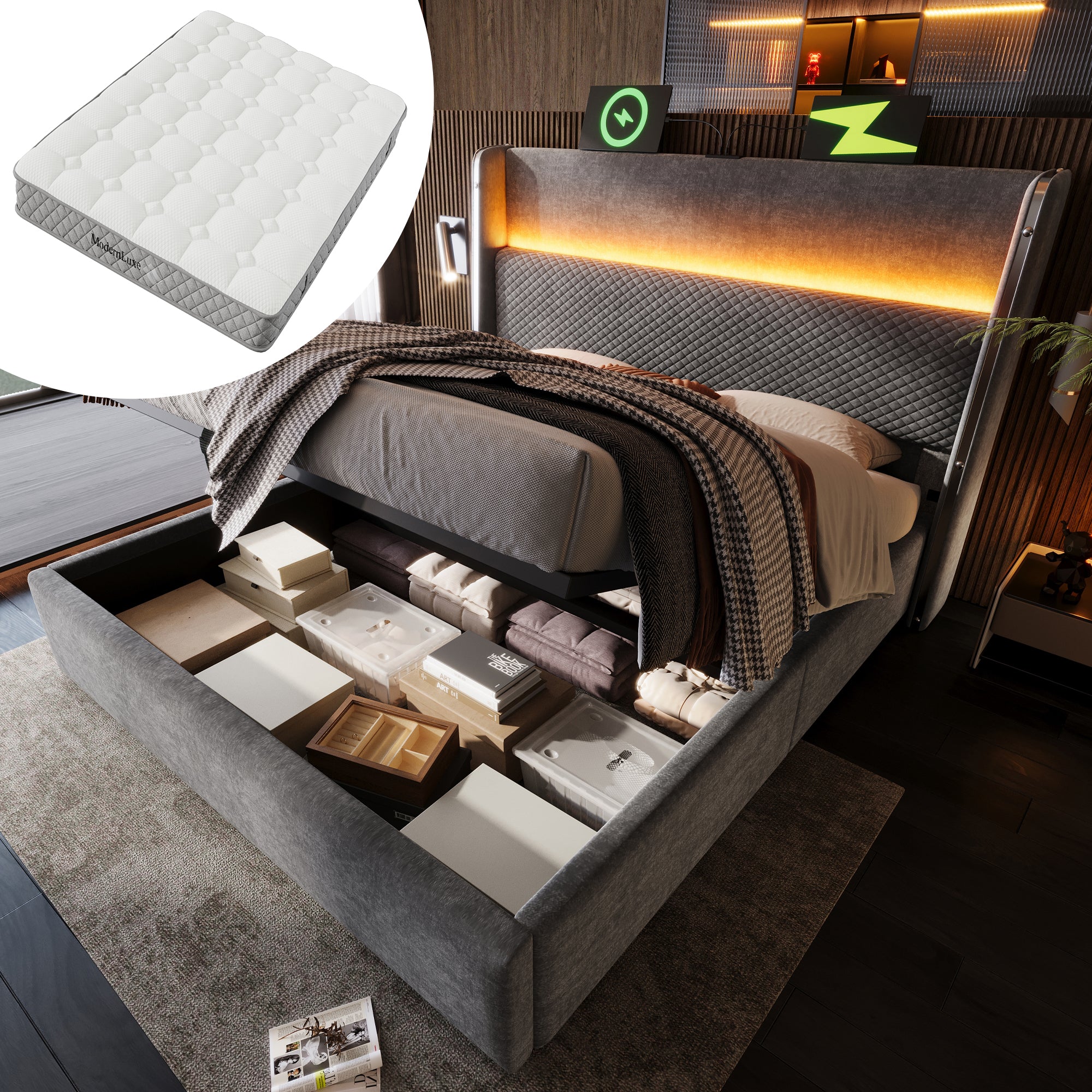 Hydraulic Bed 180x200cm High Headboard LED Storage USB/Type-C, Linen Look Grey (With Mattress)