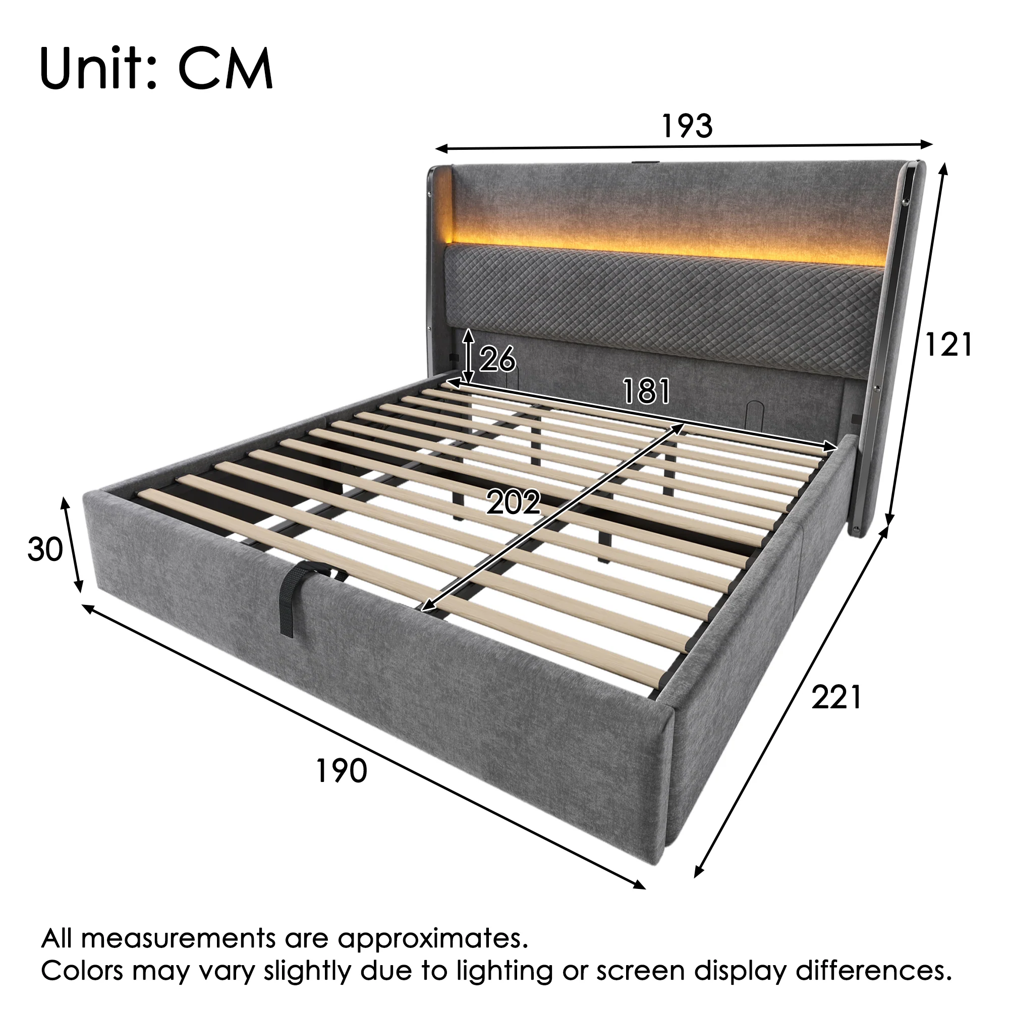 Hydraulic Bed 180x200cm High Headboard LED Storage USB/Type-C, Linen Look Grey (With Mattress) - Image 2