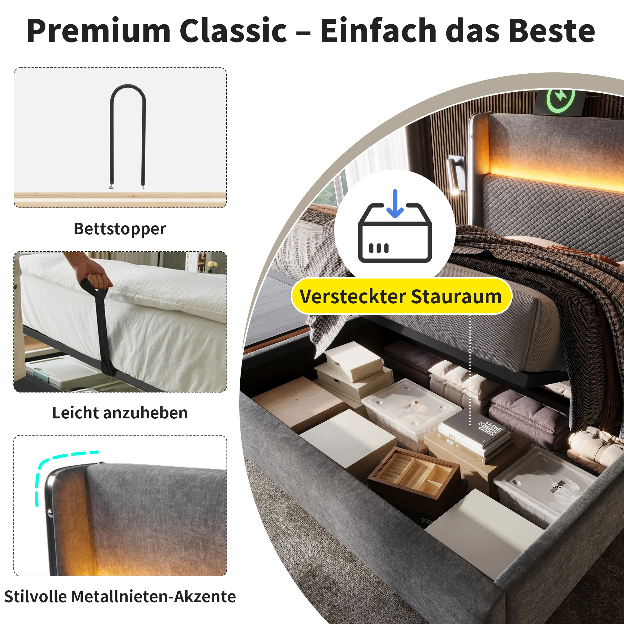 Hydraulic Bed 180x200cm High Headboard LED Storage USB/Type-C, Linen Look Grey (With Mattress) - Image 3