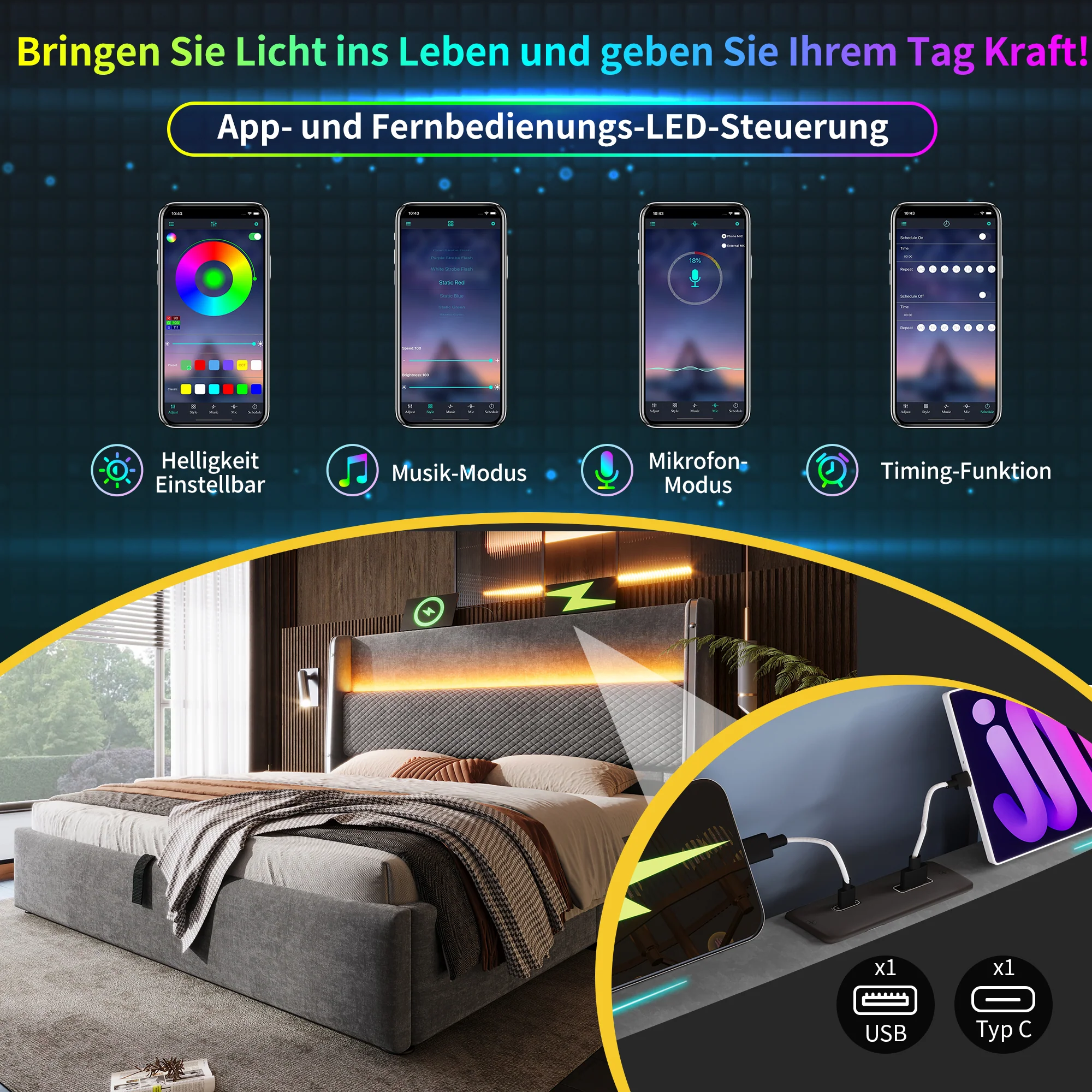 Hydraulic Bed 180x200cm High Headboard LED Storage USB/Type-C, Linen Look Grey (With Mattress) - Image 4