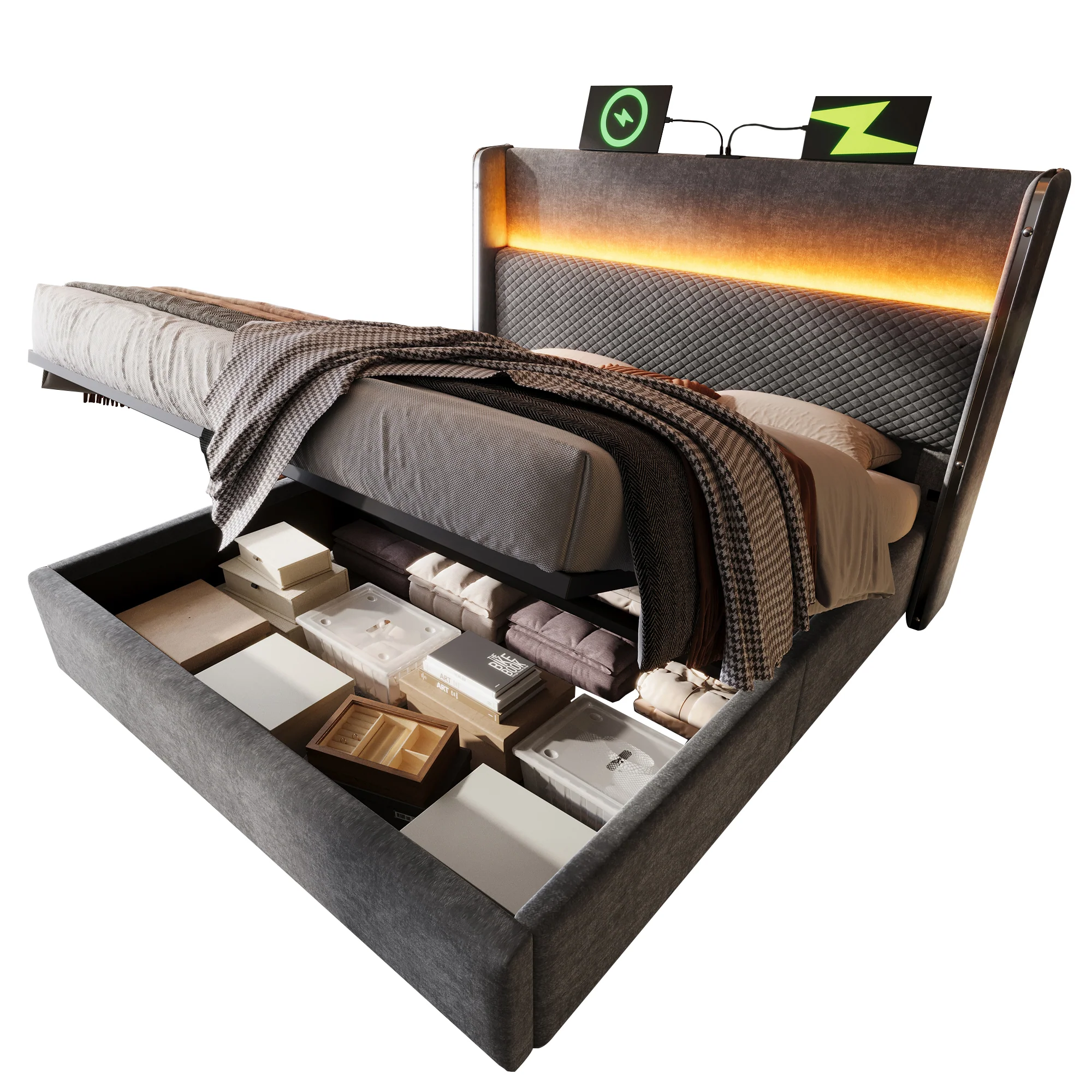 Hydraulic Bed 180x200cm High Headboard LED Storage USB/Type-C, Linen Look Grey (With Mattress) - Image 7