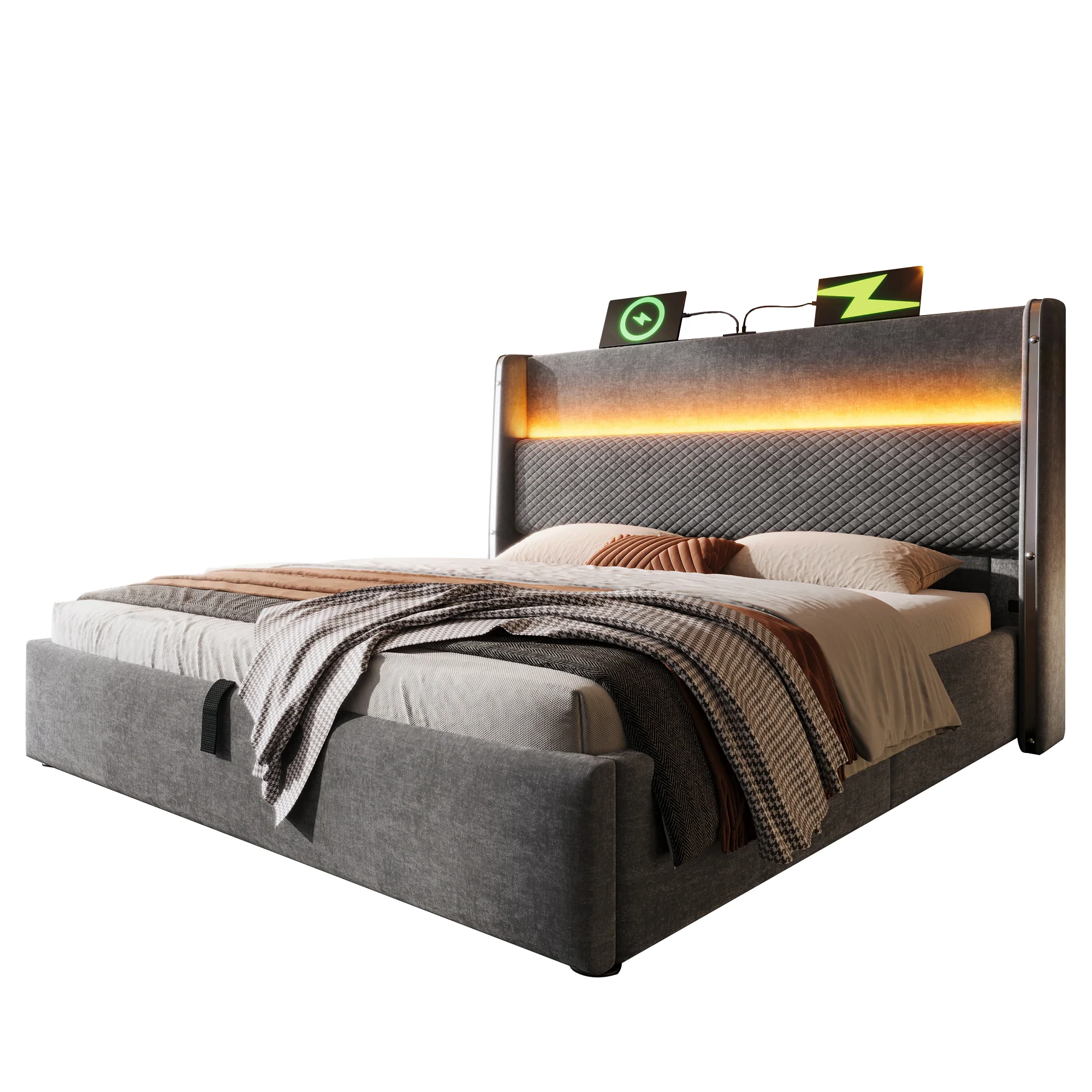 Hydraulic Bed 180x200cm High Headboard LED Storage USB/Type-C, Linen Look Grey (With Mattress) - Image 8