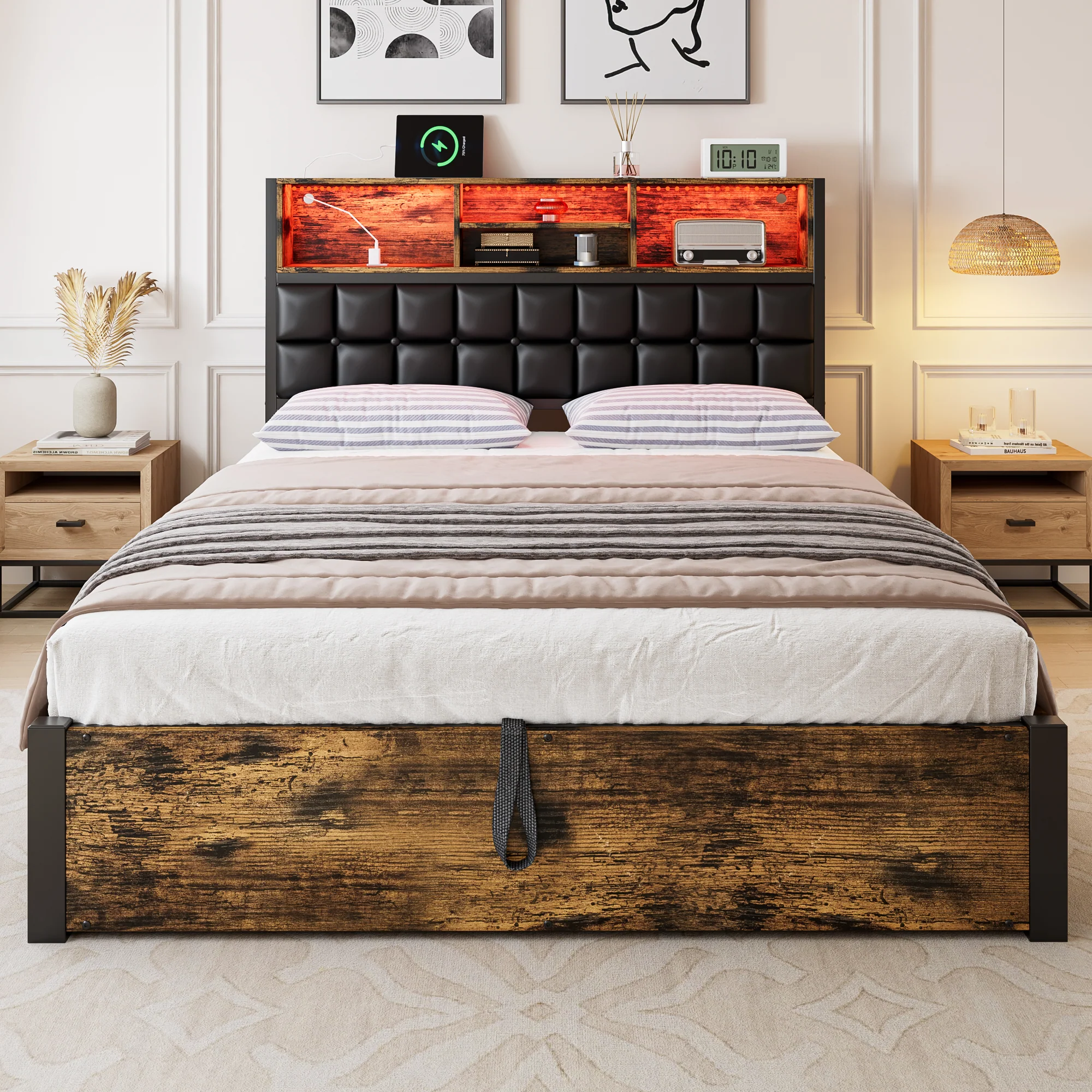 Hydraulic Bed with Charging Port, LED Light & Storage, 4ft6 Double, Black + Wood - Image 6