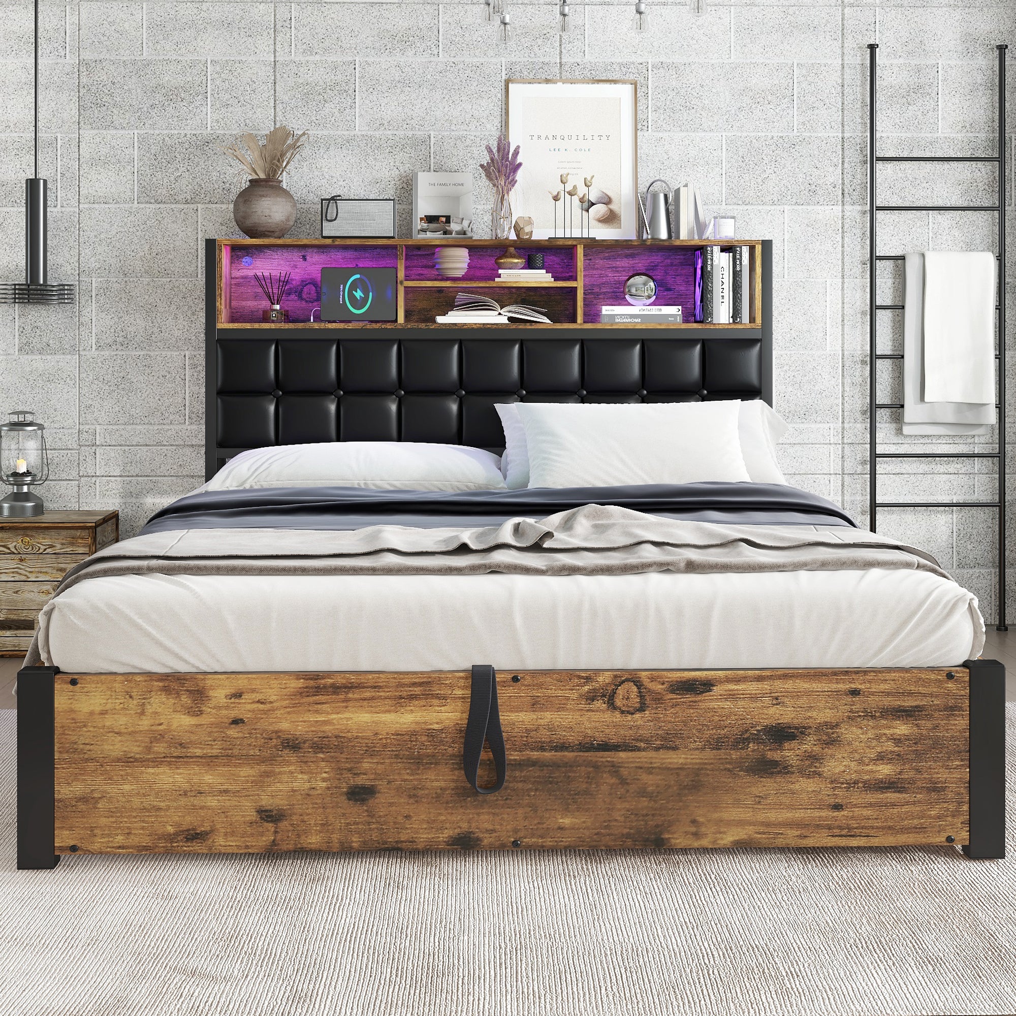 Hydraulic Bed with Charging Port, LED Light & Storage, 4ft6 Double, Black + Wood - Image 7