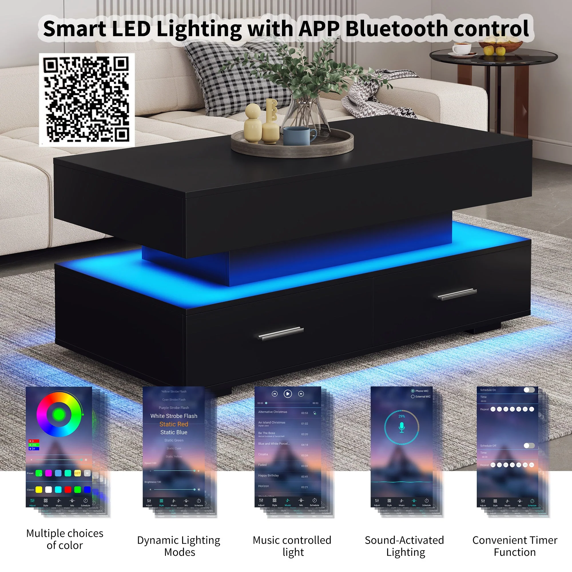 Hydraulic Lift Top Coffee Table, LED with Storage & 2 Drawers, Black - Image 2
