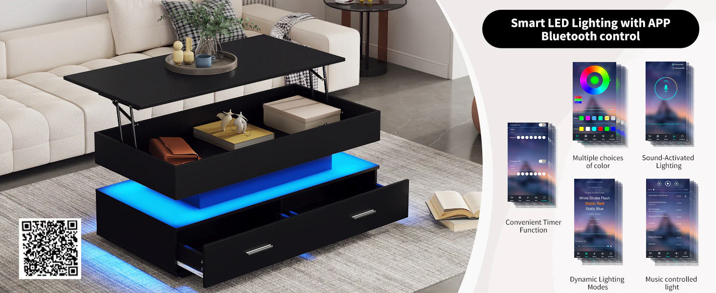 Hydraulic Lift Top Coffee Table, LED with Storage & 2 Drawers, Black - Image 4