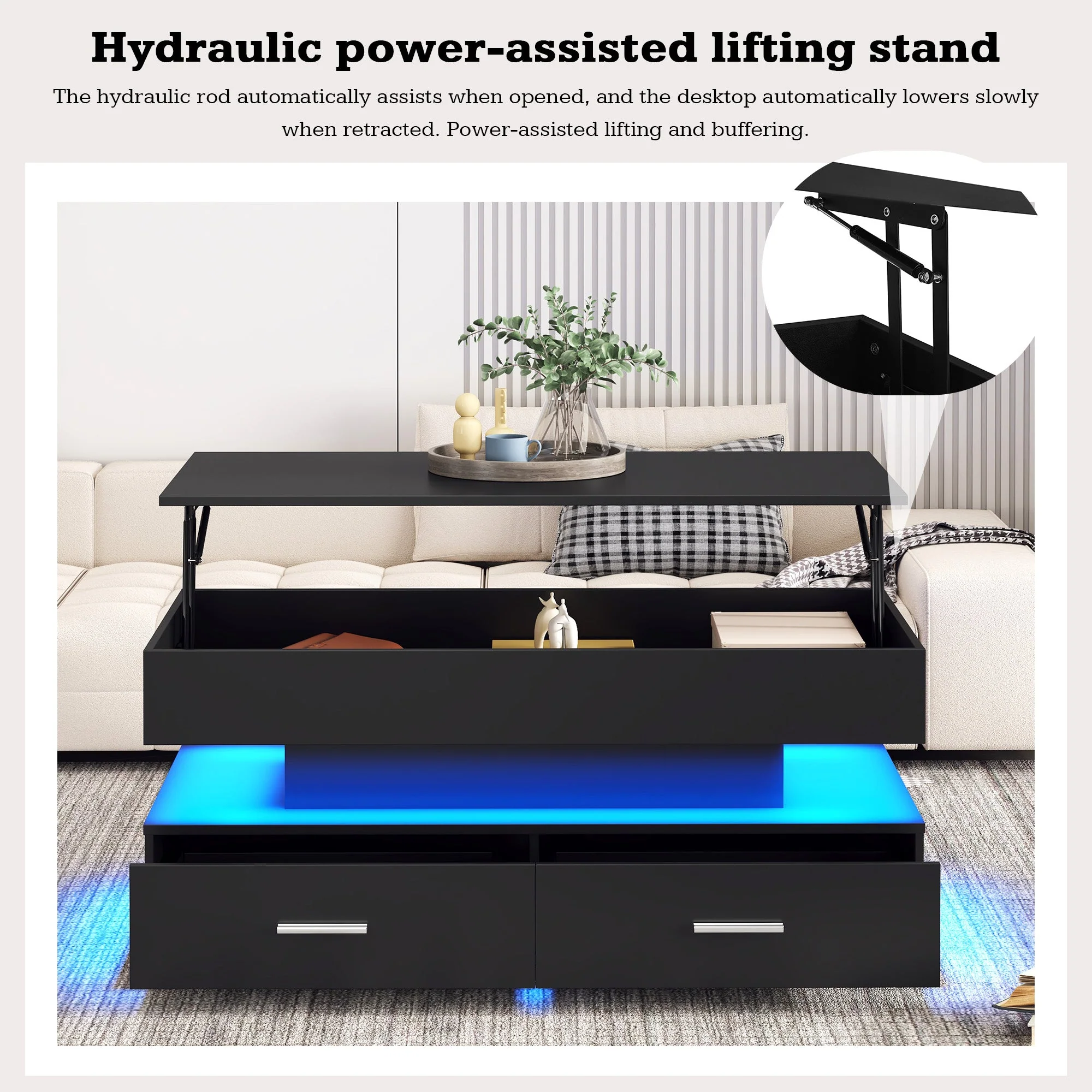 Hydraulic Lift Top Coffee Table, LED with Storage & 2 Drawers, Black - Image 5