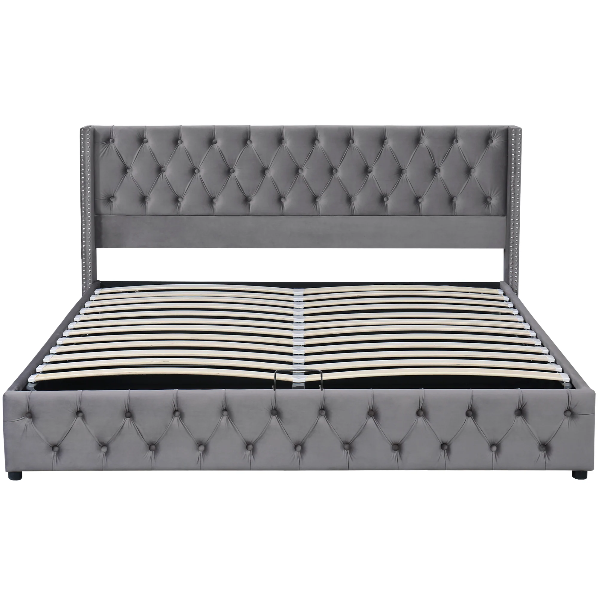 Chesterfield Velvet Upholstered Ottoman Bed with Hydraulic Storage, Grey