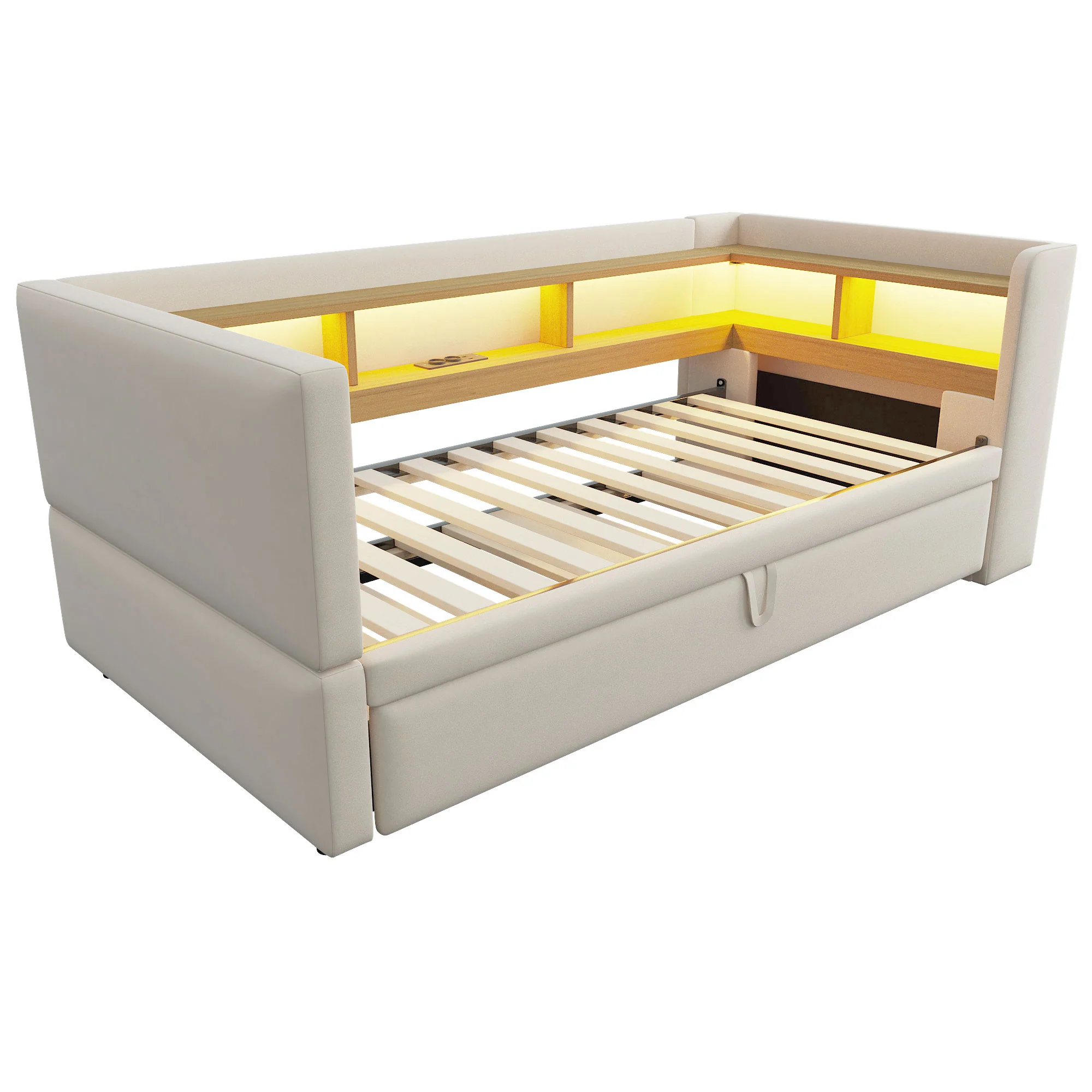 Multi-Functional Sofa Bed with Storage, LED Lighting & USB/Power Outlets, Beige - Image 2