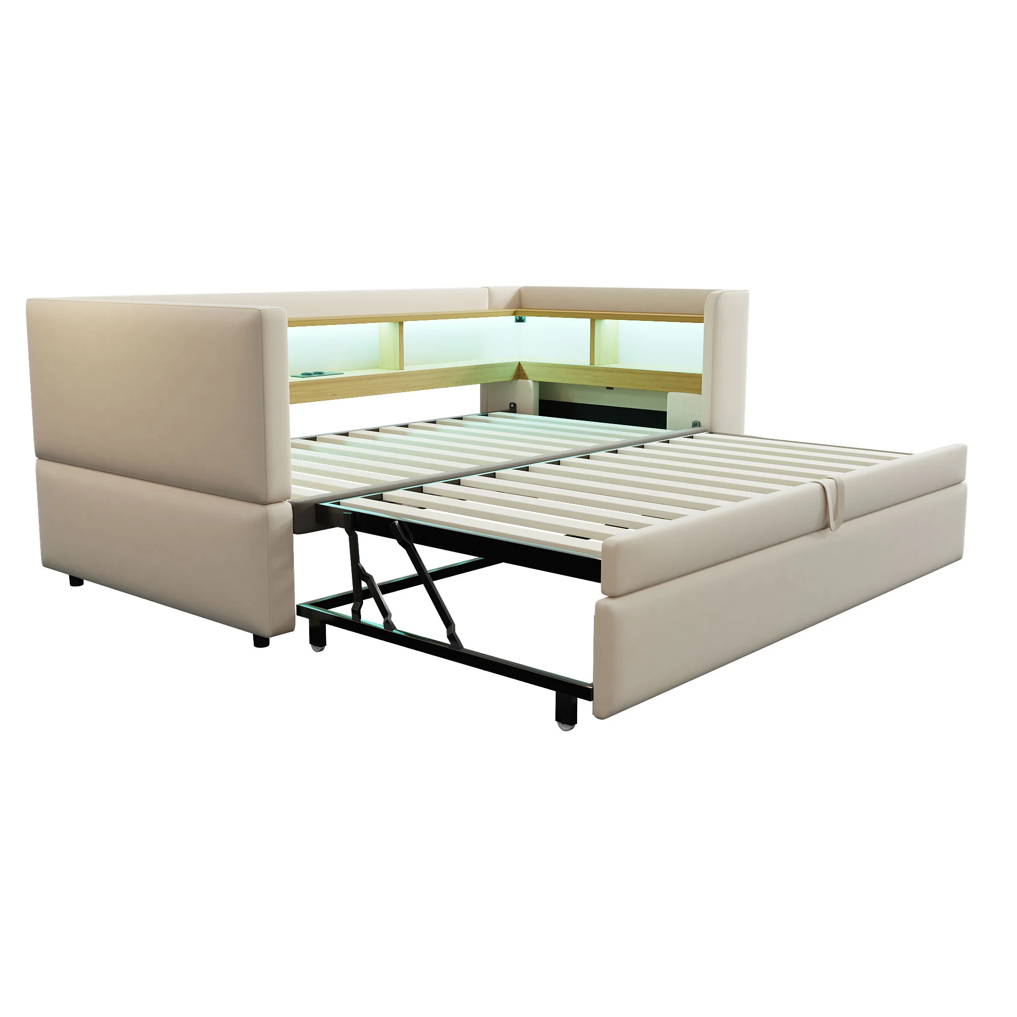 Multi-Functional Sofa Bed with Storage, LED Lighting & USB/Power Outlets, Beige - Image 3