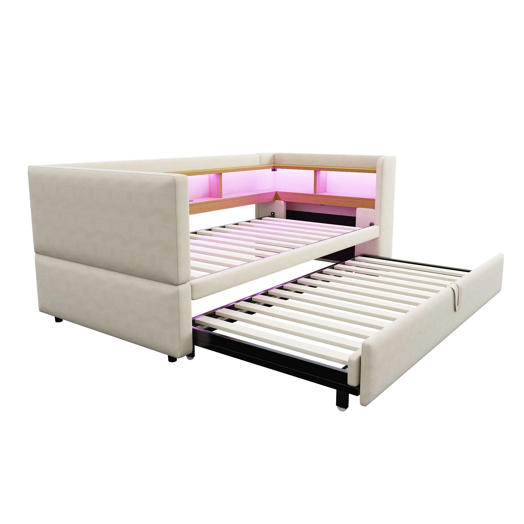 Multi-Functional Sofa Bed with Storage, LED Lighting & USB/Power Outlets, Beige - Image 4