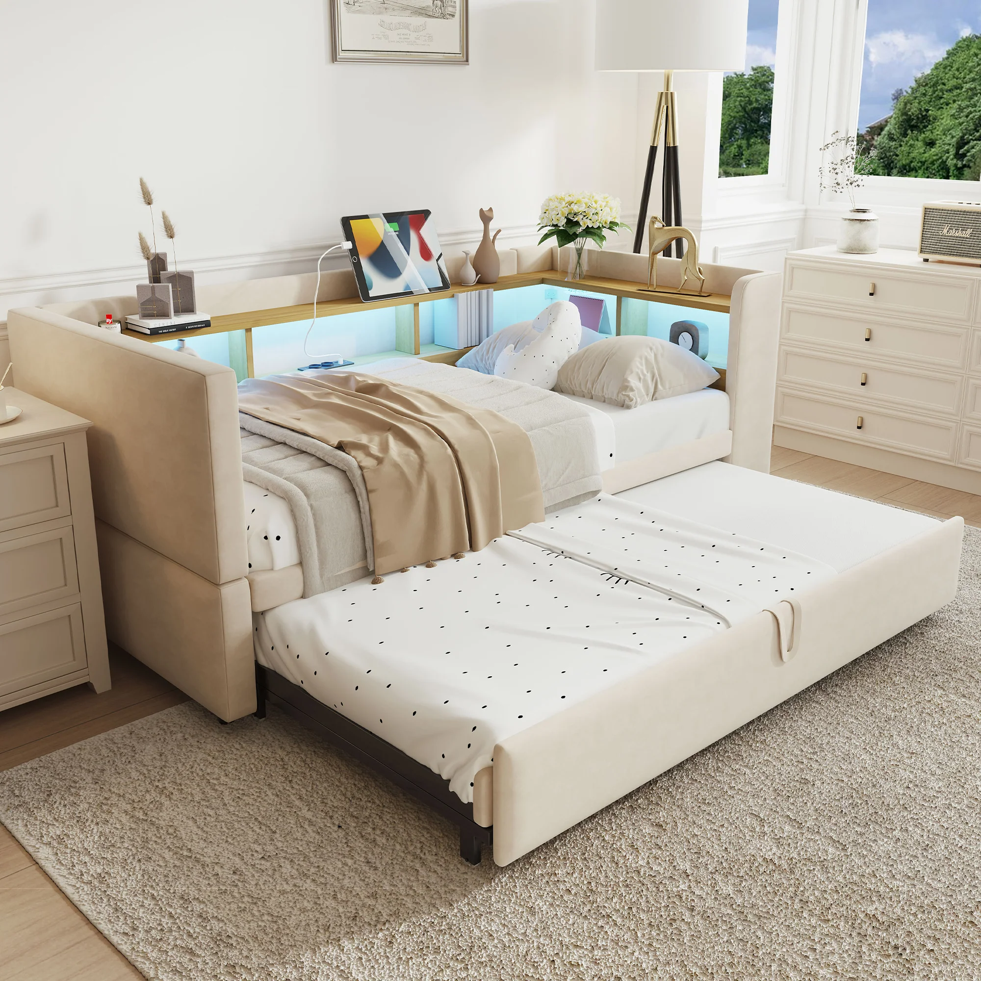 Multi-Functional Sofa Bed with Storage, LED Lighting & USB/Power Outlets, Beige - Image 7