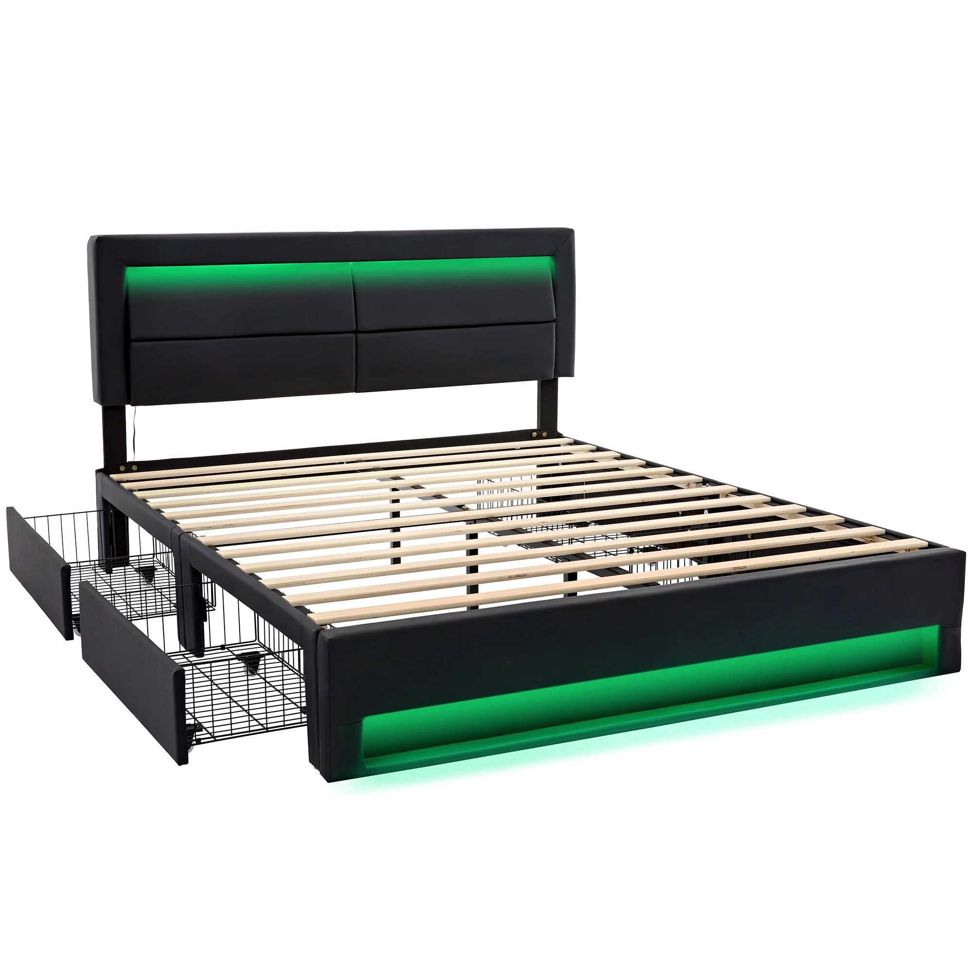 Upholstered Bed with LED Lighting, USB Ports & Storage Drawers, Black