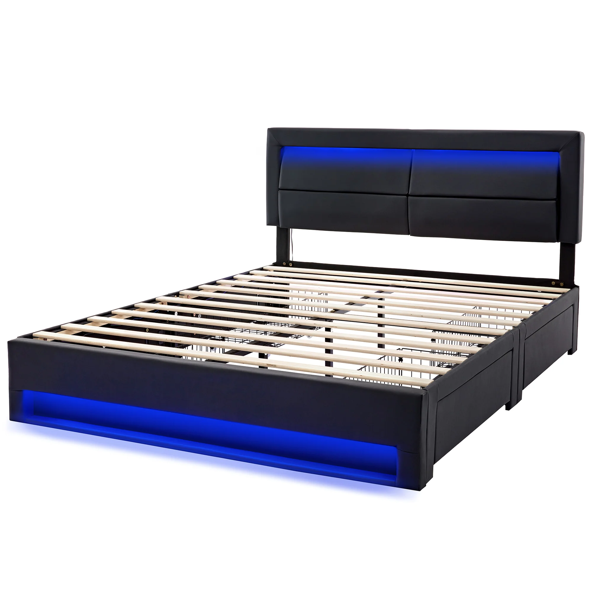 Upholstered Bed with LED Lighting, USB Ports & Storage Drawers, Black - Image 2