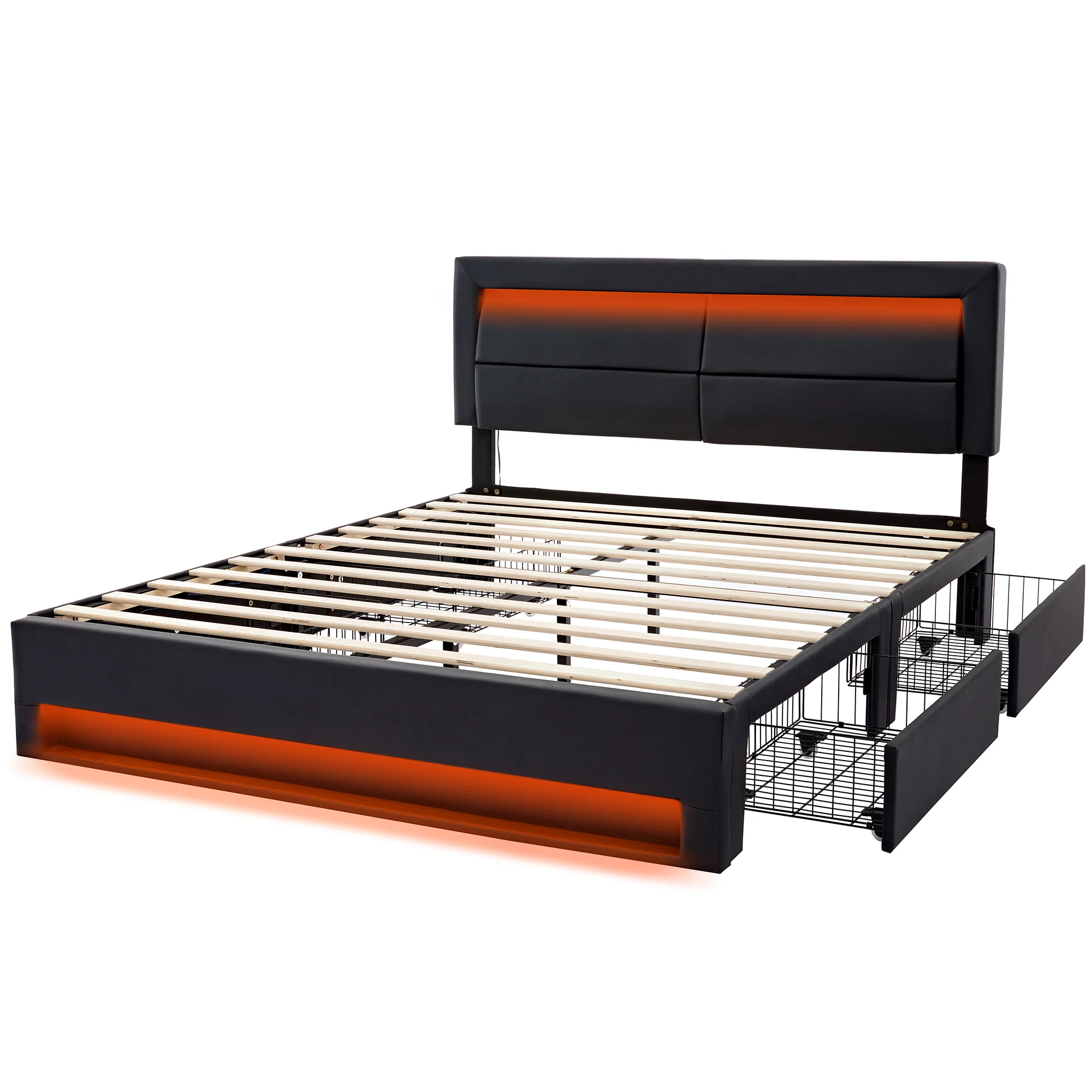 Upholstered Bed with LED Lighting, USB Ports & Storage Drawers, Black - Image 3