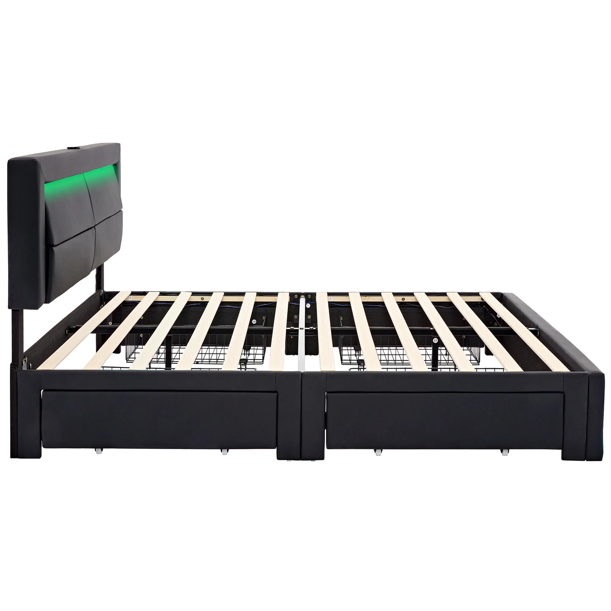 Upholstered Bed with LED Lighting, USB Ports & Storage Drawers, Black - Image 4