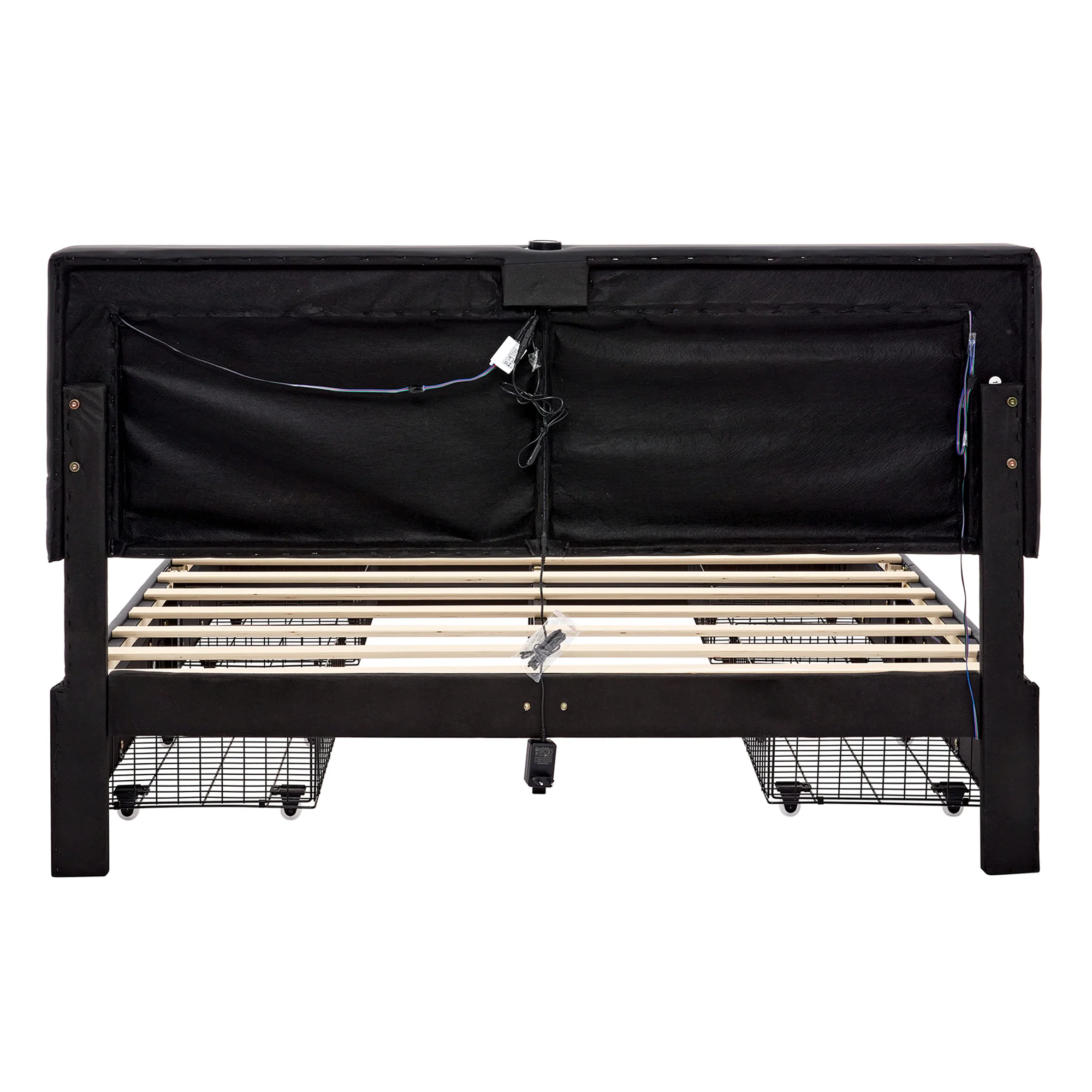 Upholstered Bed with LED Lighting, USB Ports & Storage Drawers, Black - Image 5