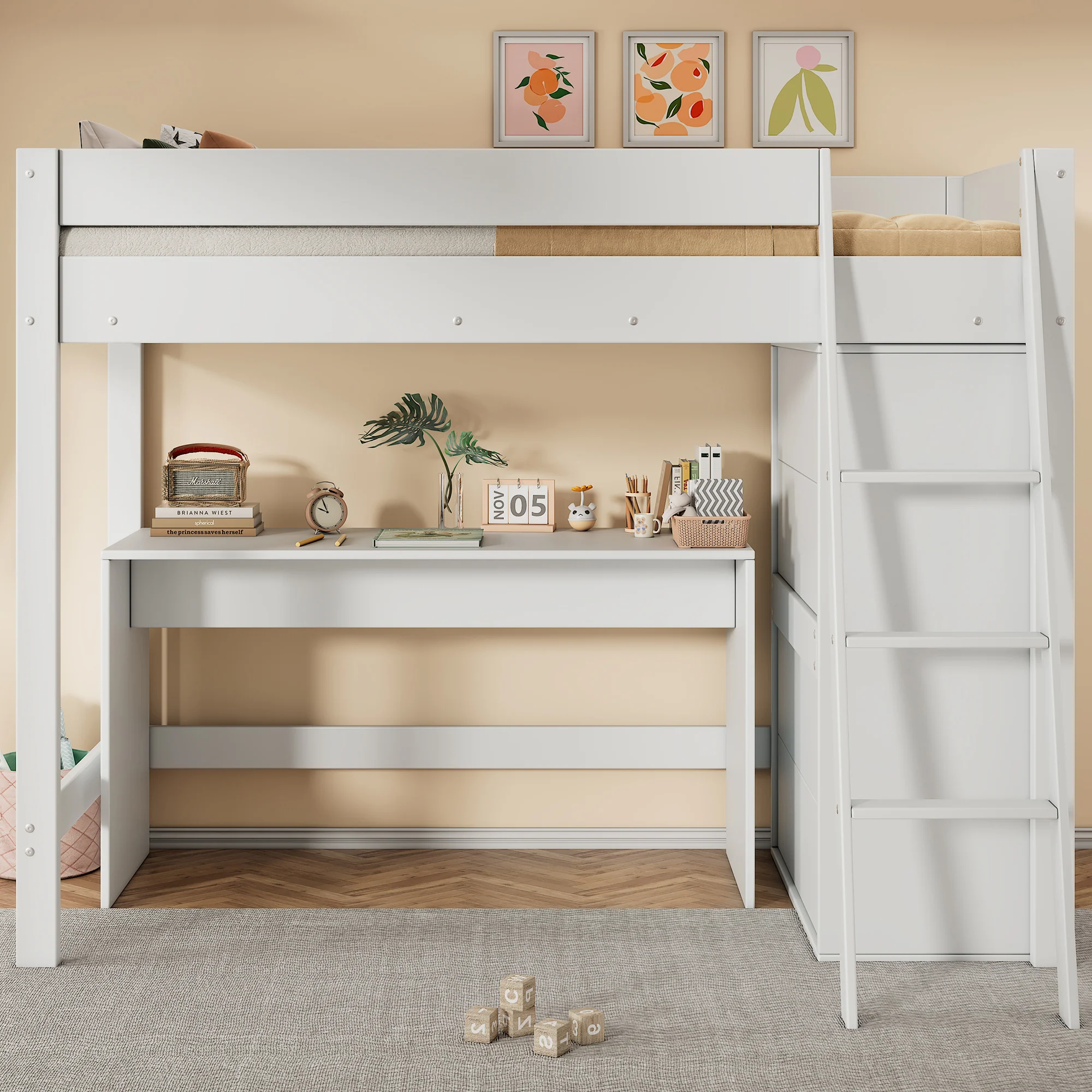 Solid Wood Bunk Bed with Desk, Wardrobe & Safety Rails – Kids’ Multifunctional Bed - Image 2