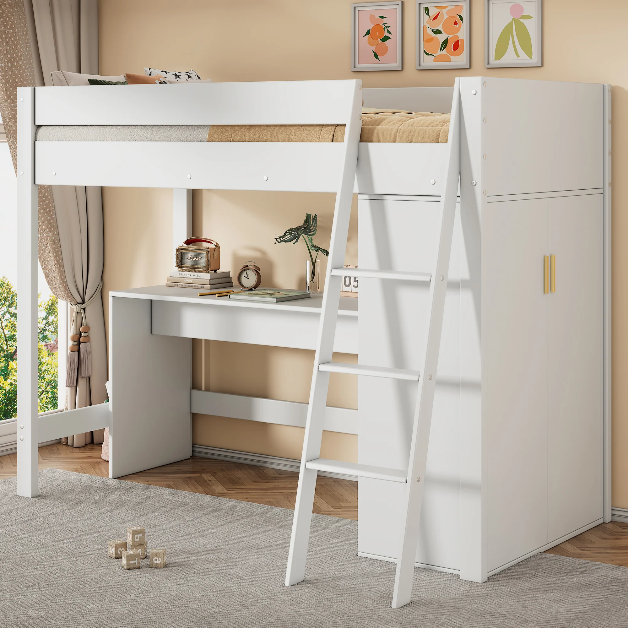 Solid Wood Bunk Bed with Desk, Wardrobe & Safety Rails – Kids’ Multifunctional Bed - Image 3