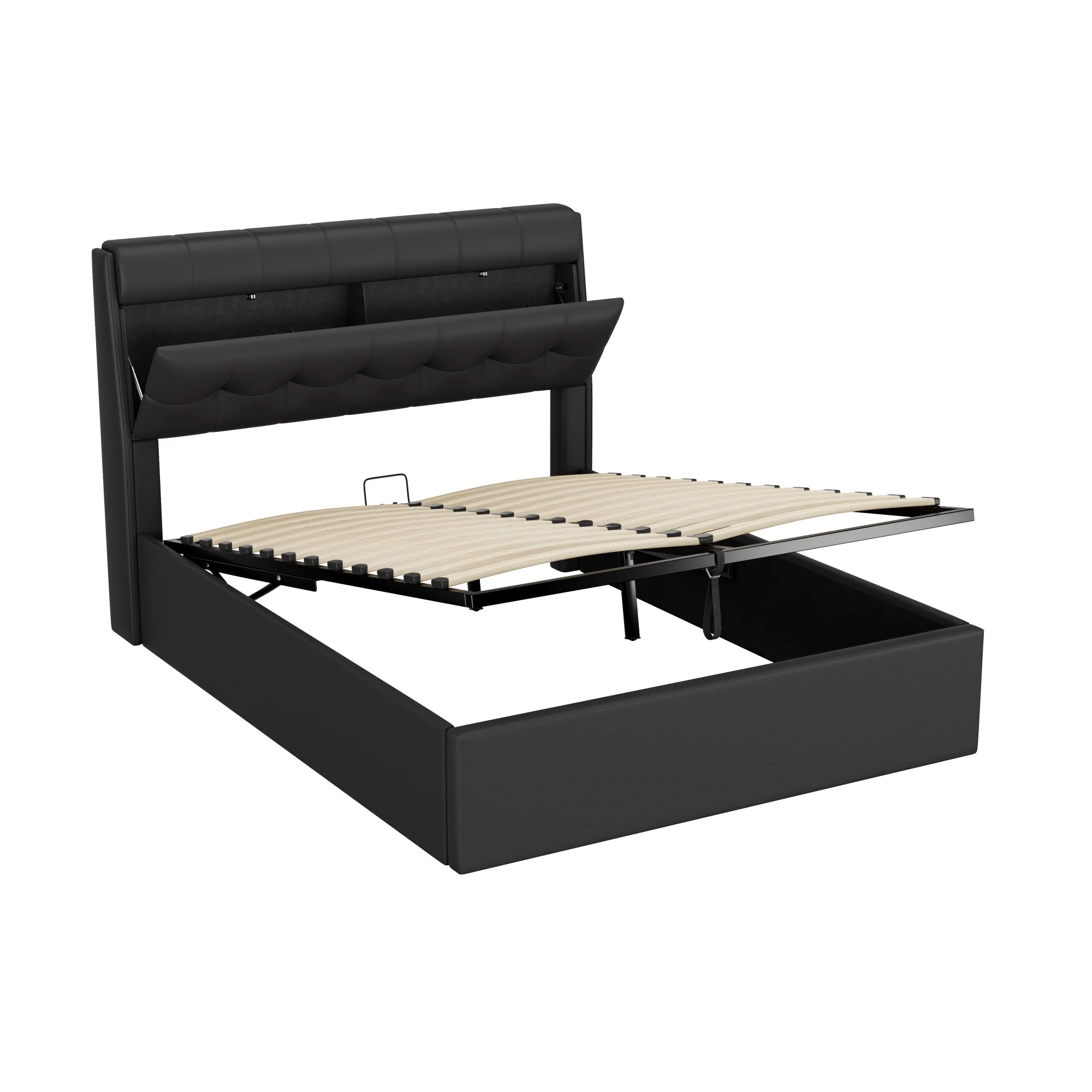 PU Upholstered Bed with Hydraulic Storage and Slatted Base, Black