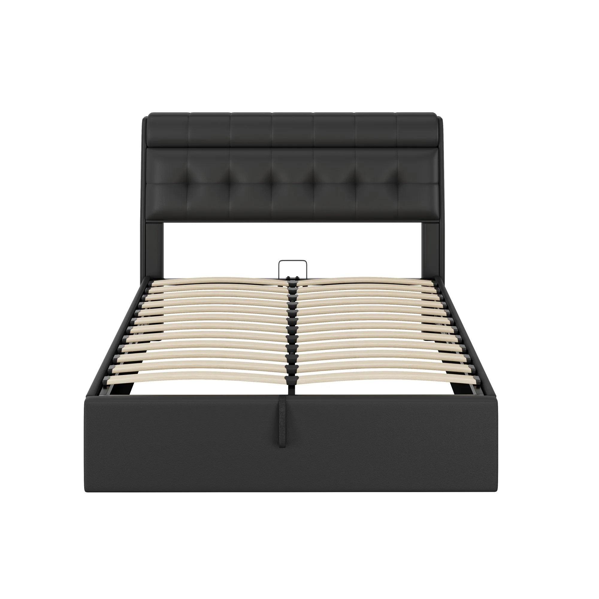 PU Upholstered Bed with Hydraulic Storage and Slatted Base, Black - Image 3