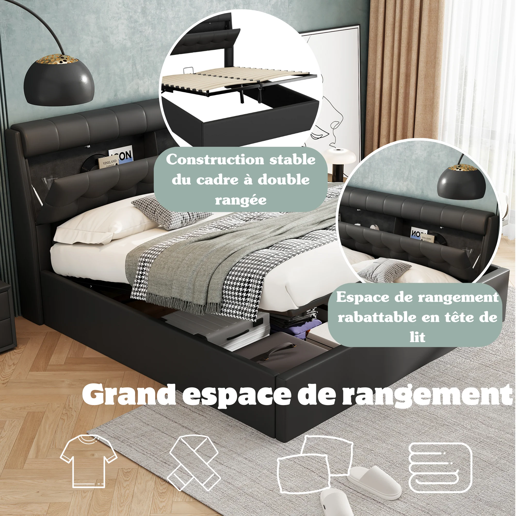 PU Upholstered Bed with Hydraulic Storage and Slatted Base, Black - Image 5