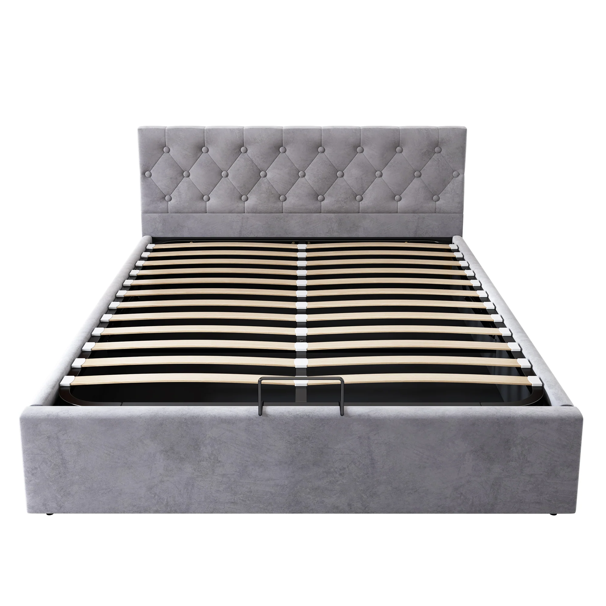 Velvet Upholstered Double Bed with Hydraulic Storage, Grey - Image 2