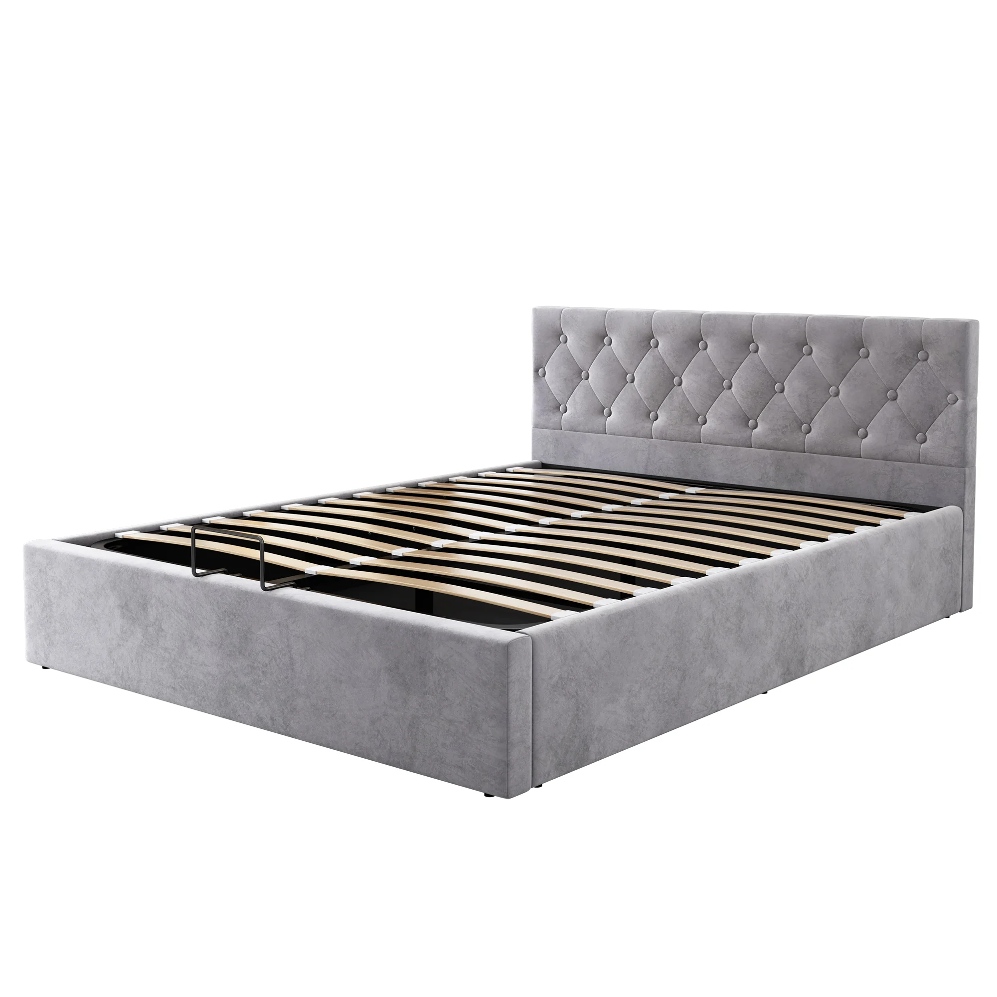 Velvet Upholstered Double Bed with Hydraulic Storage, Grey - Image 3