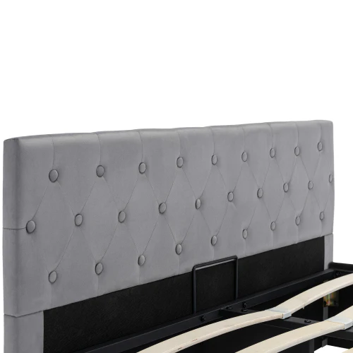 Velvet Upholstered Double Bed with Hydraulic Storage, Grey - Image 4