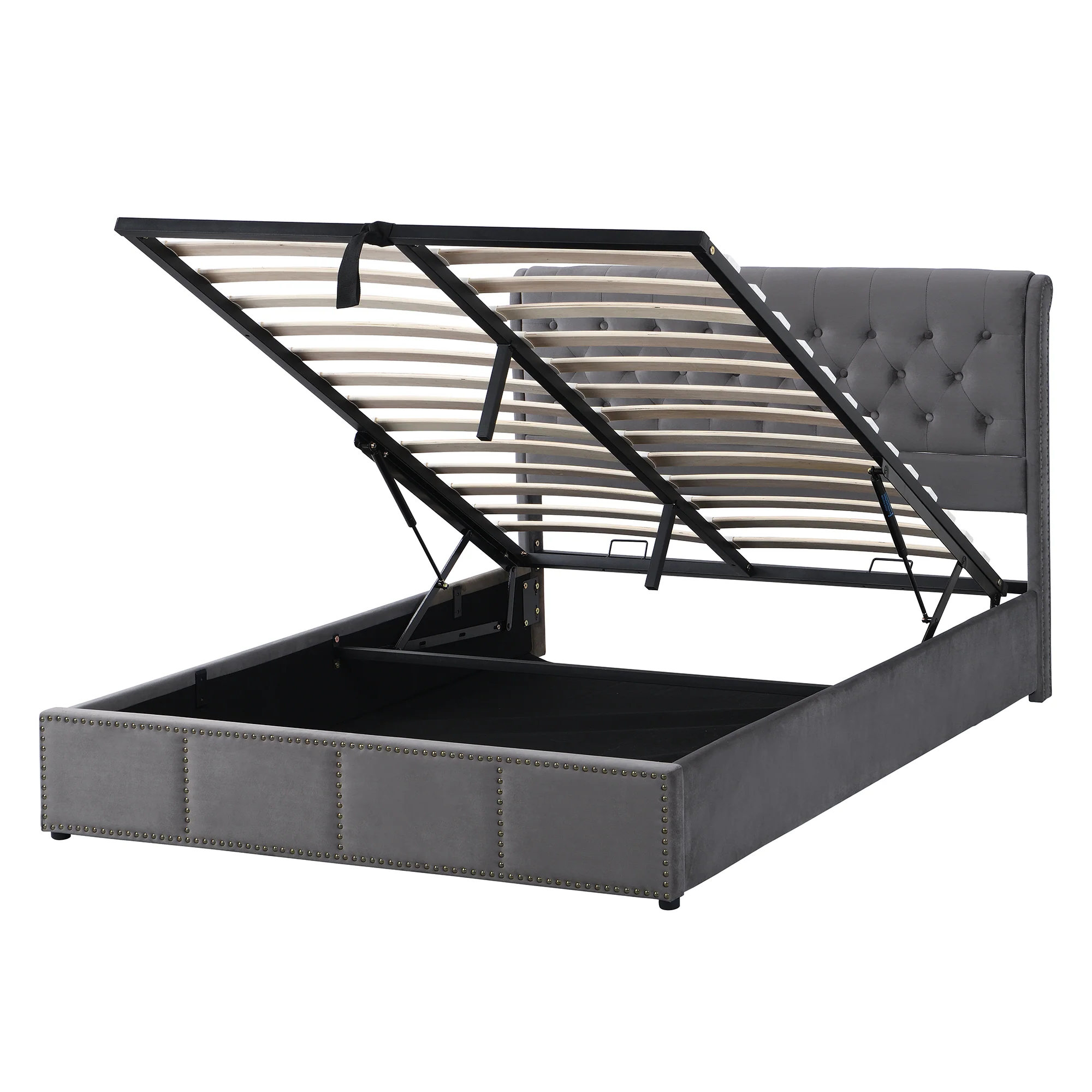 Upholstered Bed with Lift-Up Storage and Studded Footboard, Grey