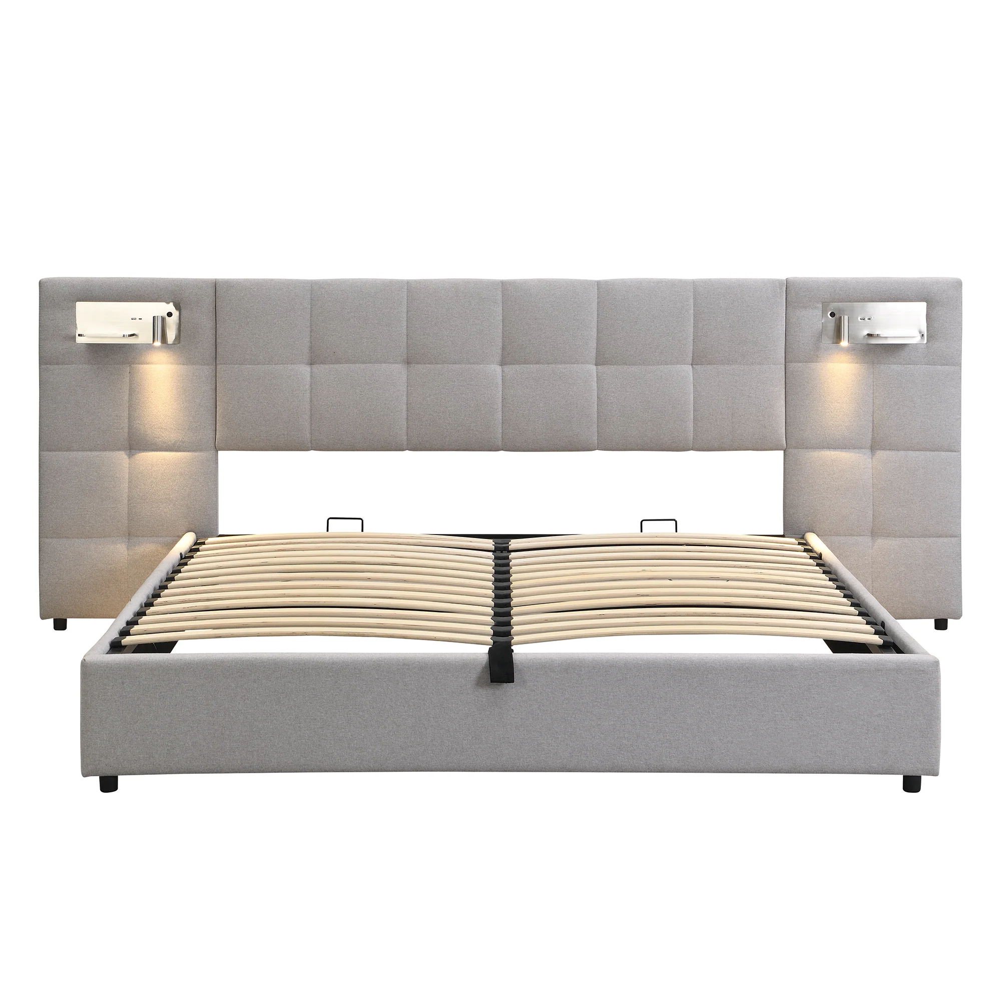 Upholstered Bed with Hydraulic Storage, USB Charging & LED Headboard, Grey - Image 2