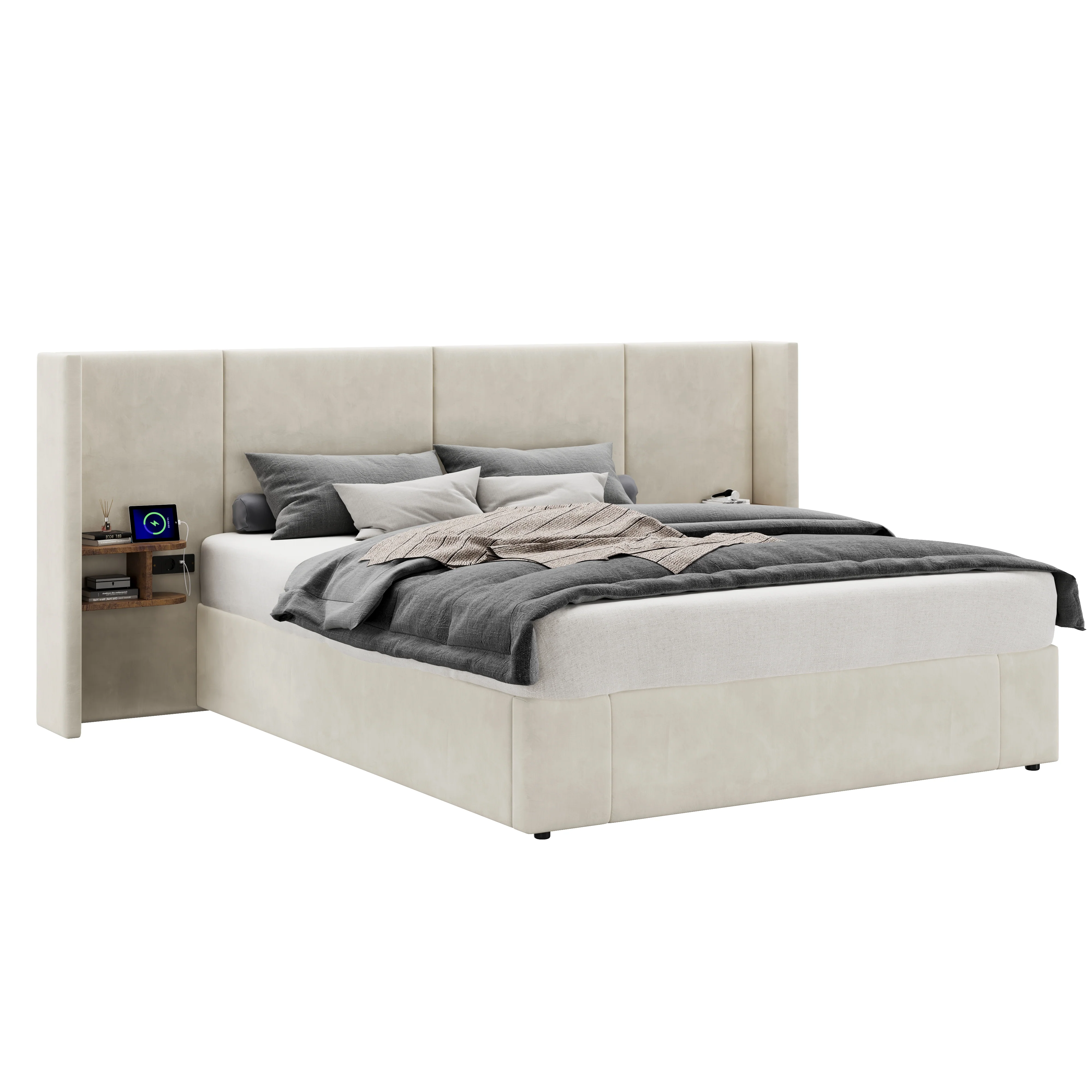 Upholstered Storage Bed with Hydraulic Lift, USB Charging & Two Bedside Tables, Beige - Image 2